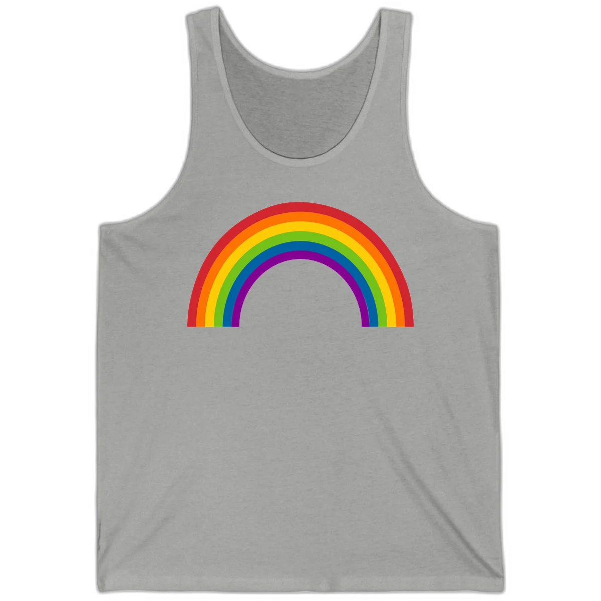 Classic pride rainbow arc with seven vibrant colored stripes in concentric semicircles in Athletic Heather