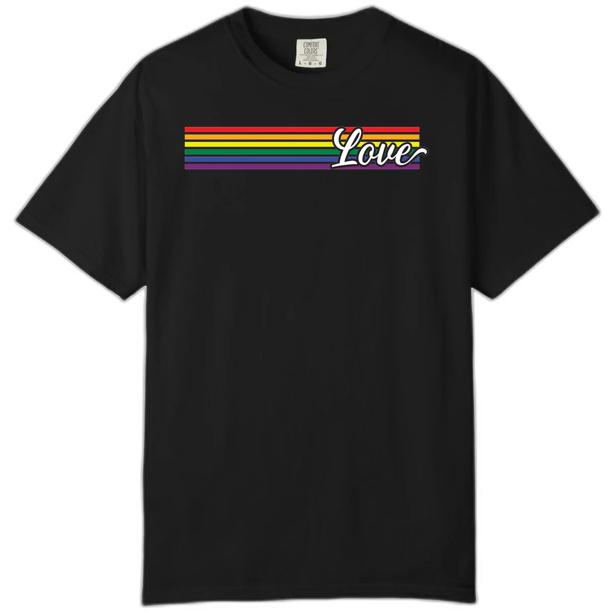 Love pride rainbow design with horizontal stripes in red, orange, yellow, green, blue, and purple with white outlined text in Black