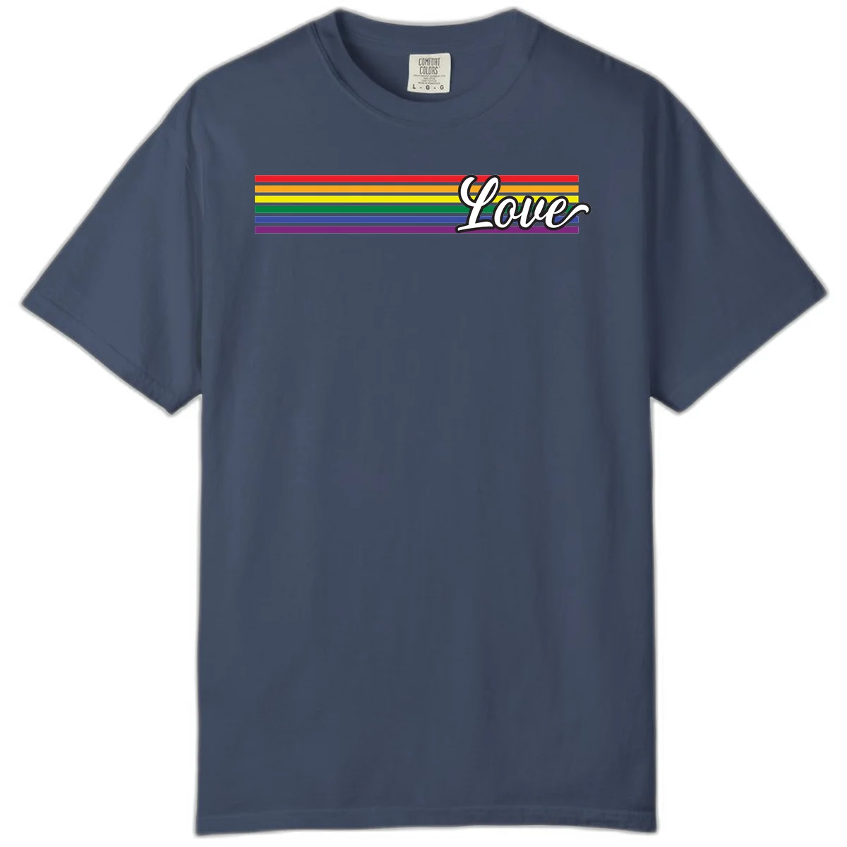 Love pride rainbow design with horizontal stripes in red, orange, yellow, green, blue, and purple with white outlined text in Midnight