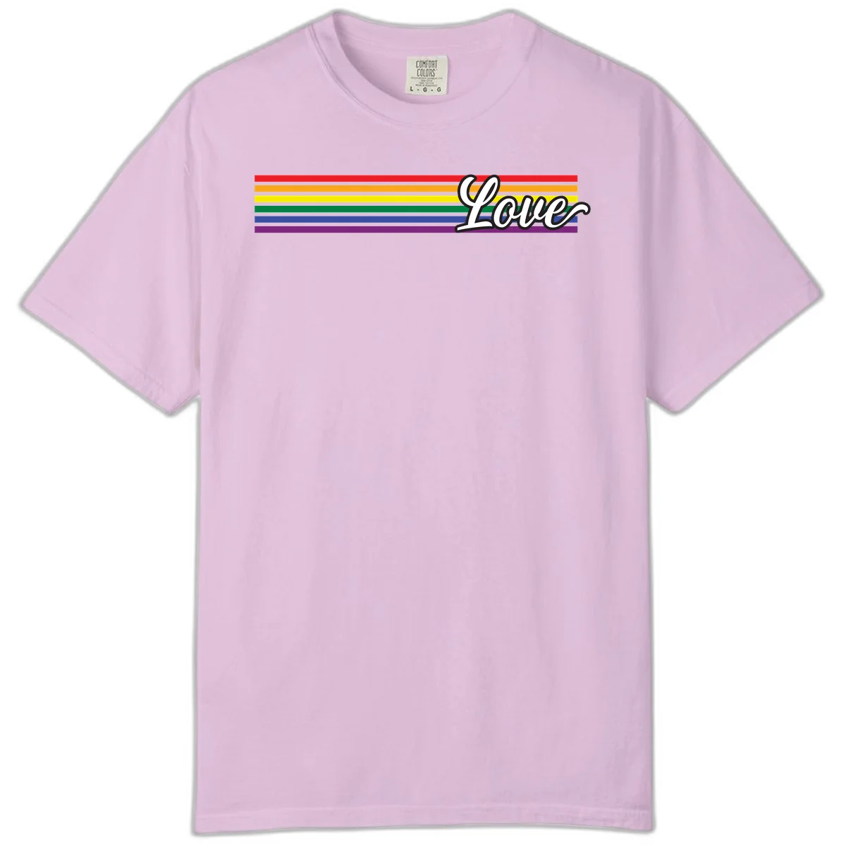 Love pride rainbow design with horizontal stripes in red, orange, yellow, green, blue, and purple with white outlined text in Orchid