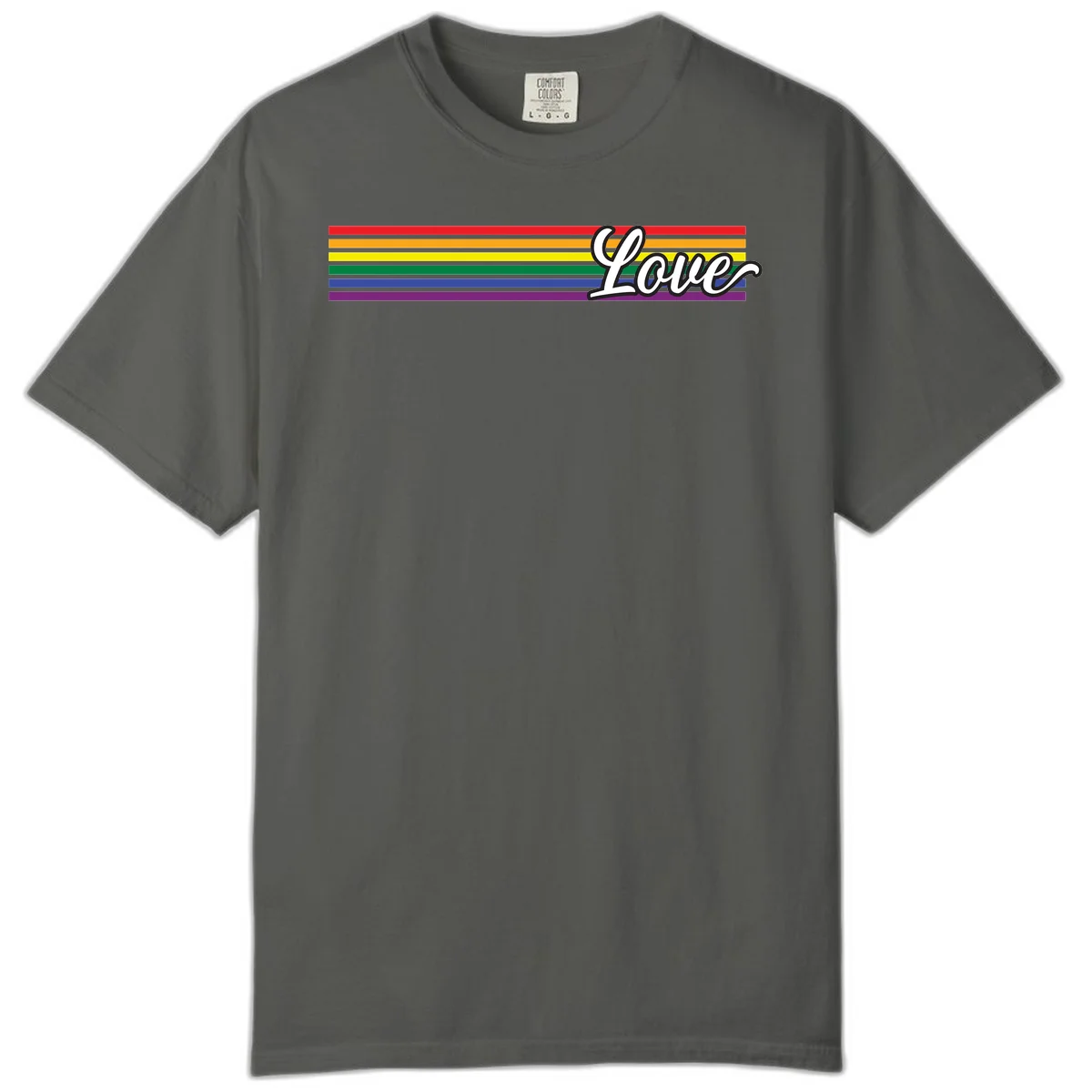Love pride rainbow design with horizontal stripes in red, orange, yellow, green, blue, and purple with white outlined text in Pepper