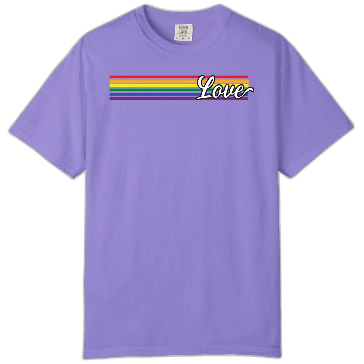 Love pride rainbow design with horizontal stripes in red, orange, yellow, green, blue, and purple with white outlined text in Violet