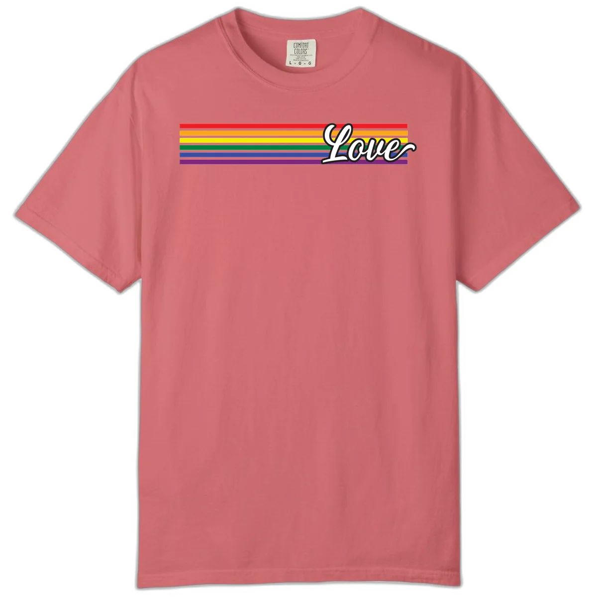 Love pride rainbow design with horizontal stripes in red, orange, yellow, green, blue, and purple with white outlined text in Watermelon