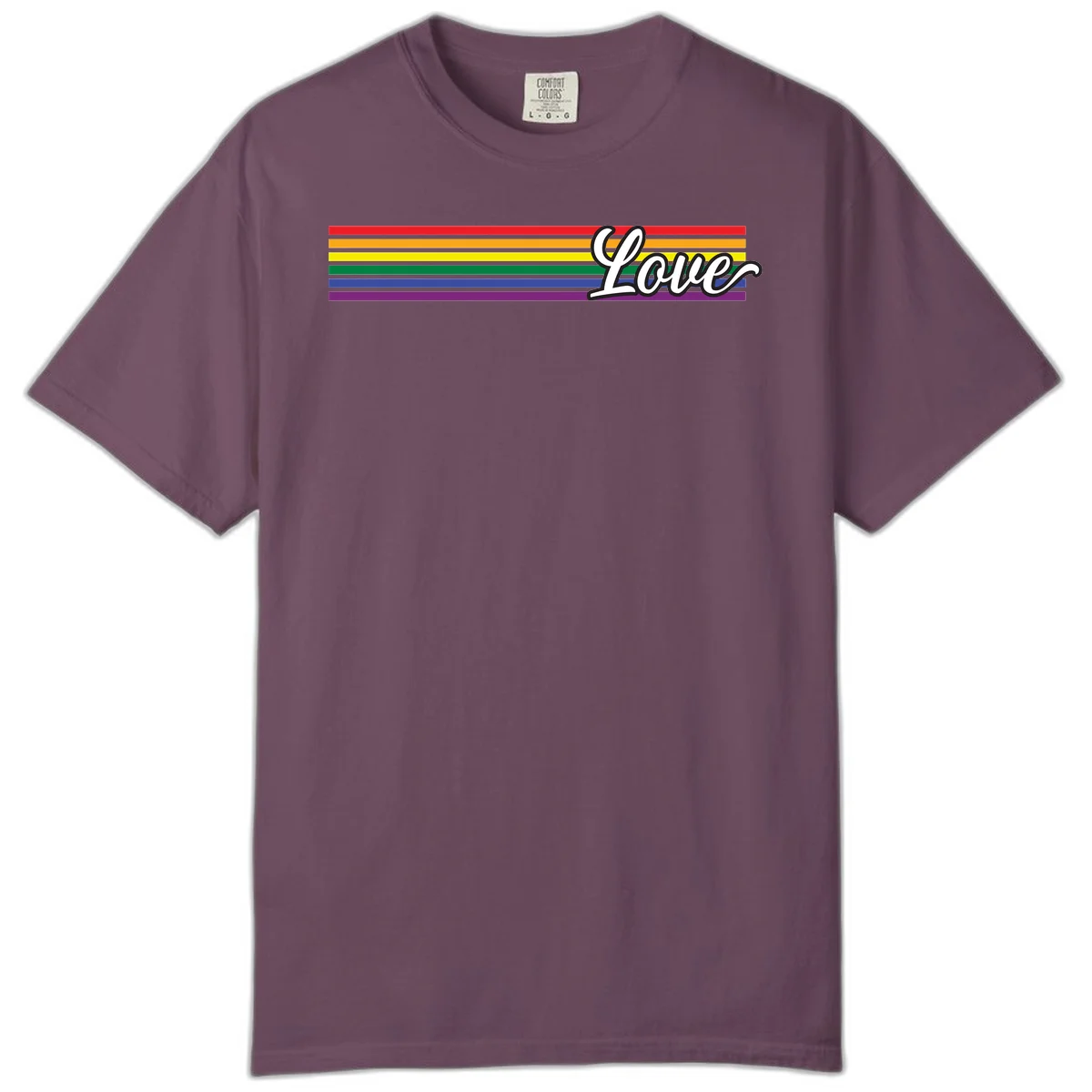 Love pride rainbow design with horizontal stripes in red, orange, yellow, green, blue, and purple with white outlined text in Berry
