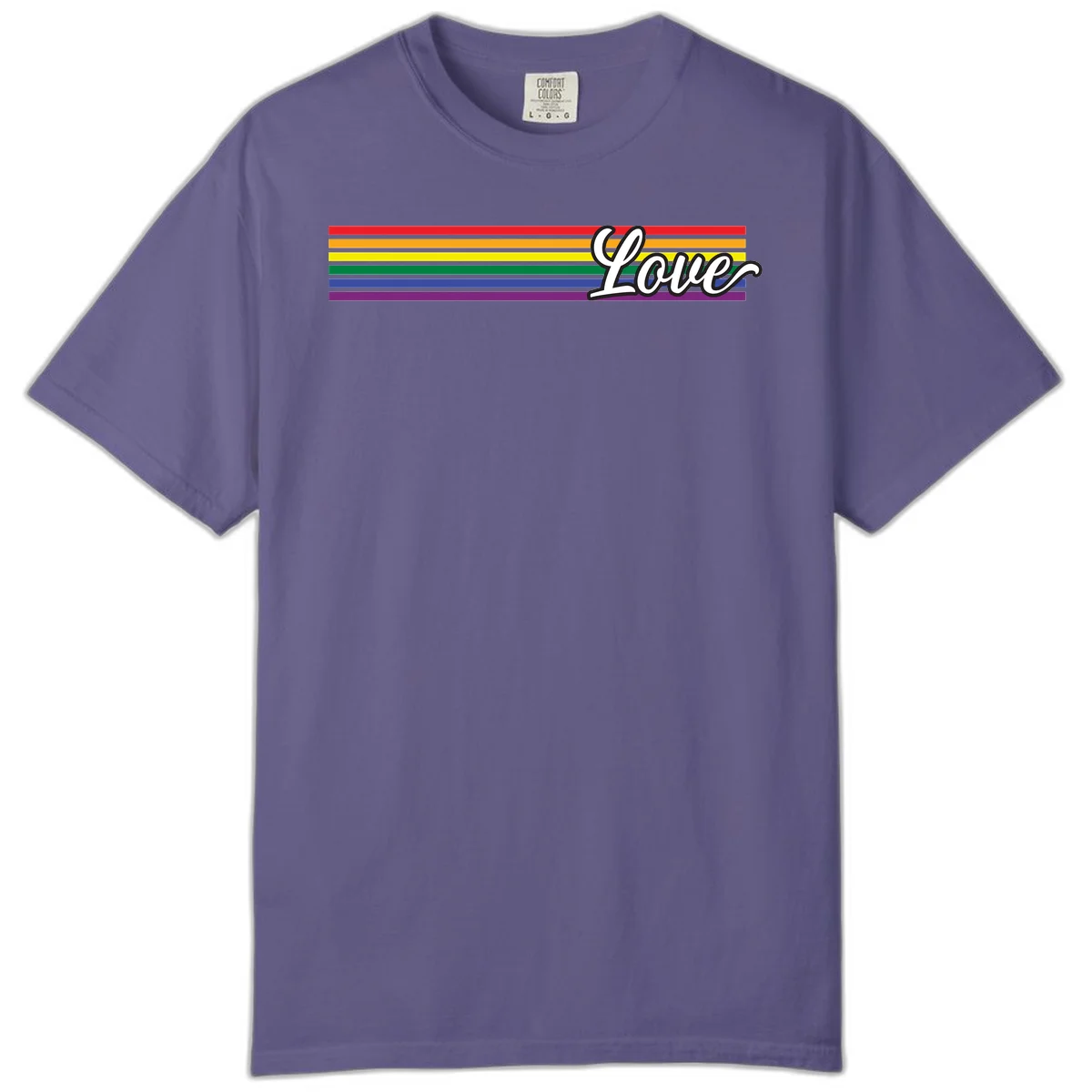 Love pride rainbow design with horizontal stripes in red, orange, yellow, green, blue, and purple with white outlined text in Grape