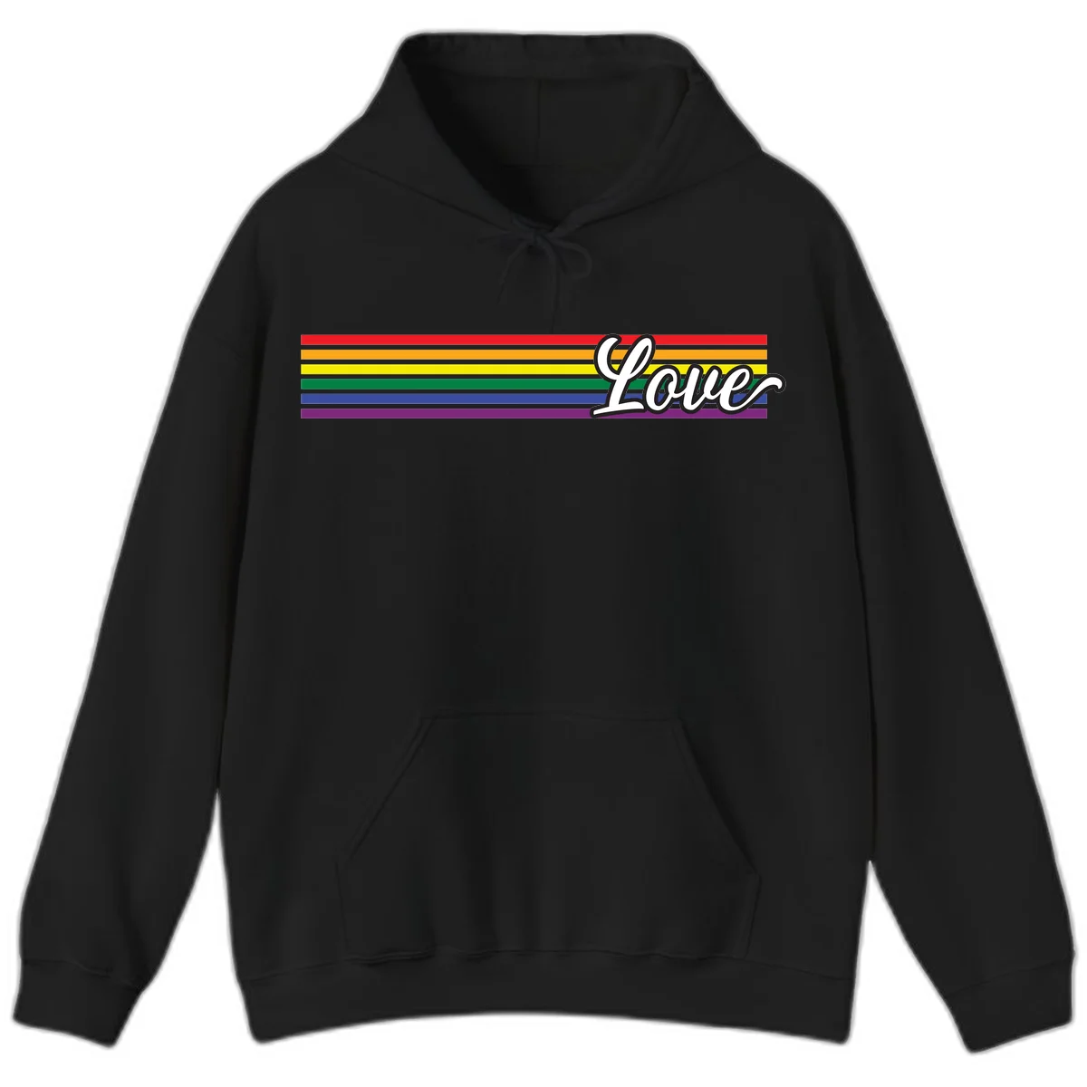 Love pride rainbow design with horizontal stripes in red, orange, yellow, green, blue, and purple with white outlined text in Black
