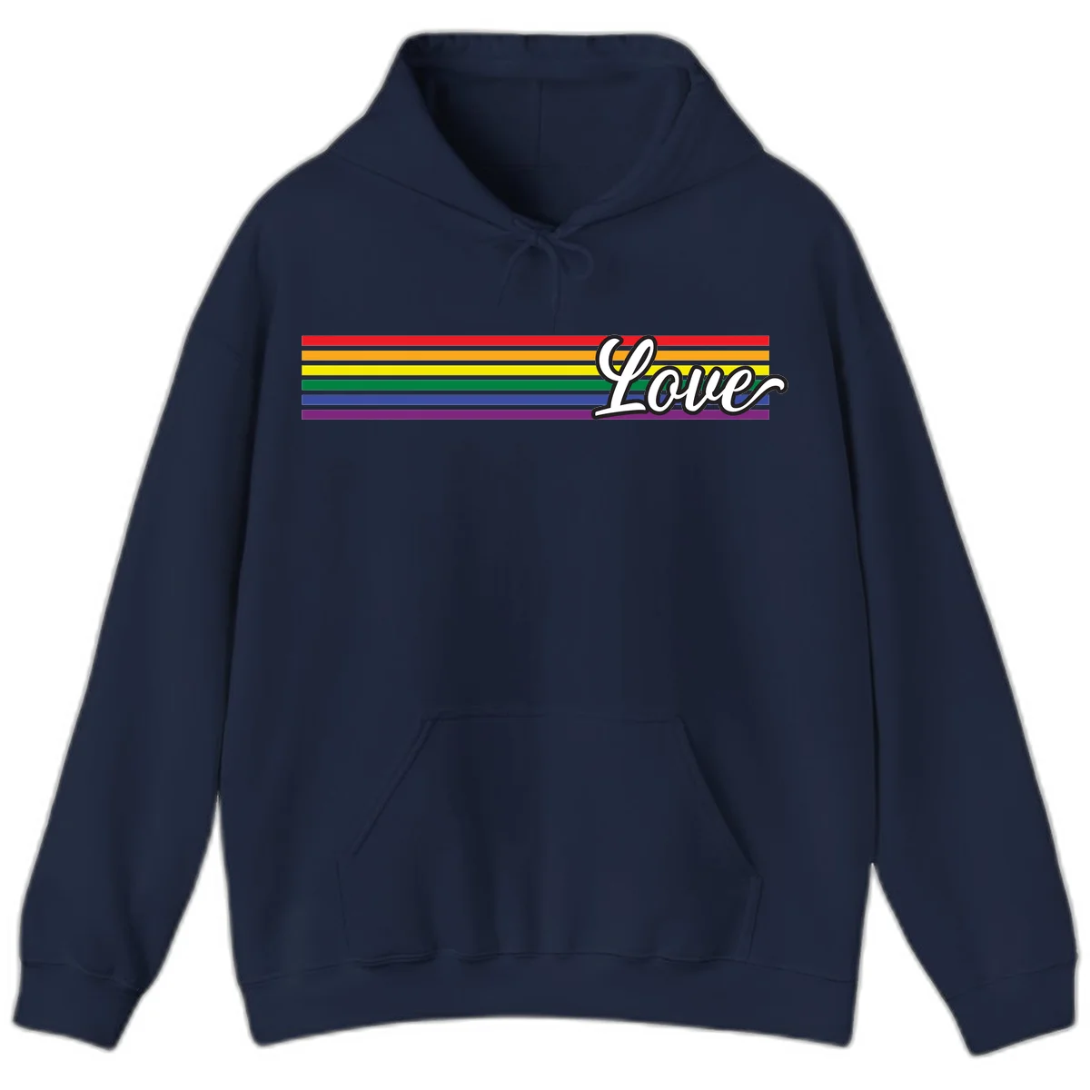 Love pride rainbow design with horizontal stripes in red, orange, yellow, green, blue, and purple with white outlined text in Navy