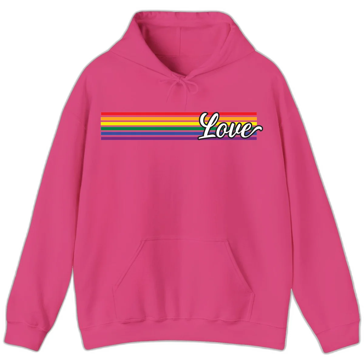 Love pride rainbow design with horizontal stripes in red, orange, yellow, green, blue, and purple with white outlined text in Heliconia
