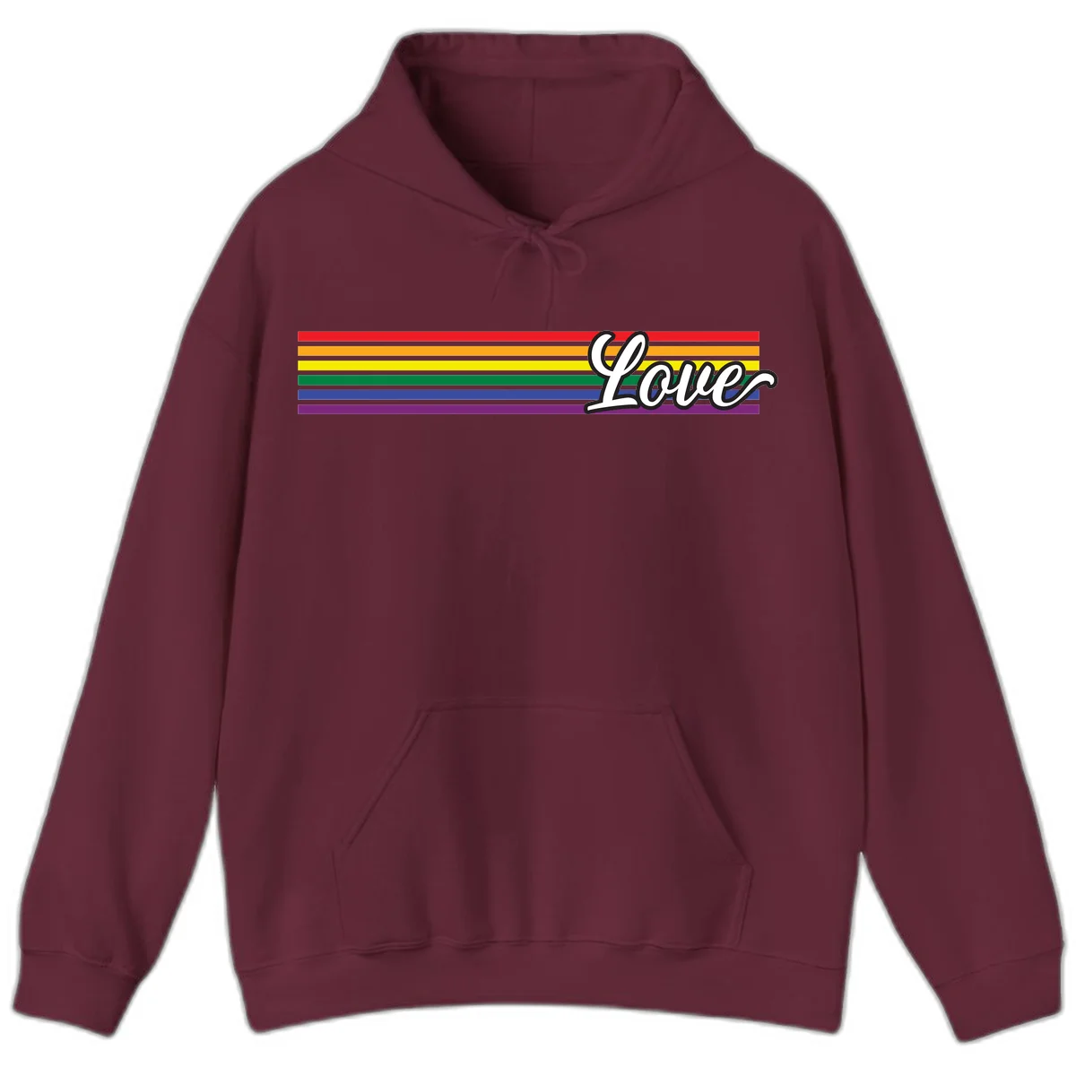 Love pride rainbow design with horizontal stripes in red, orange, yellow, green, blue, and purple with white outlined text in Maroon