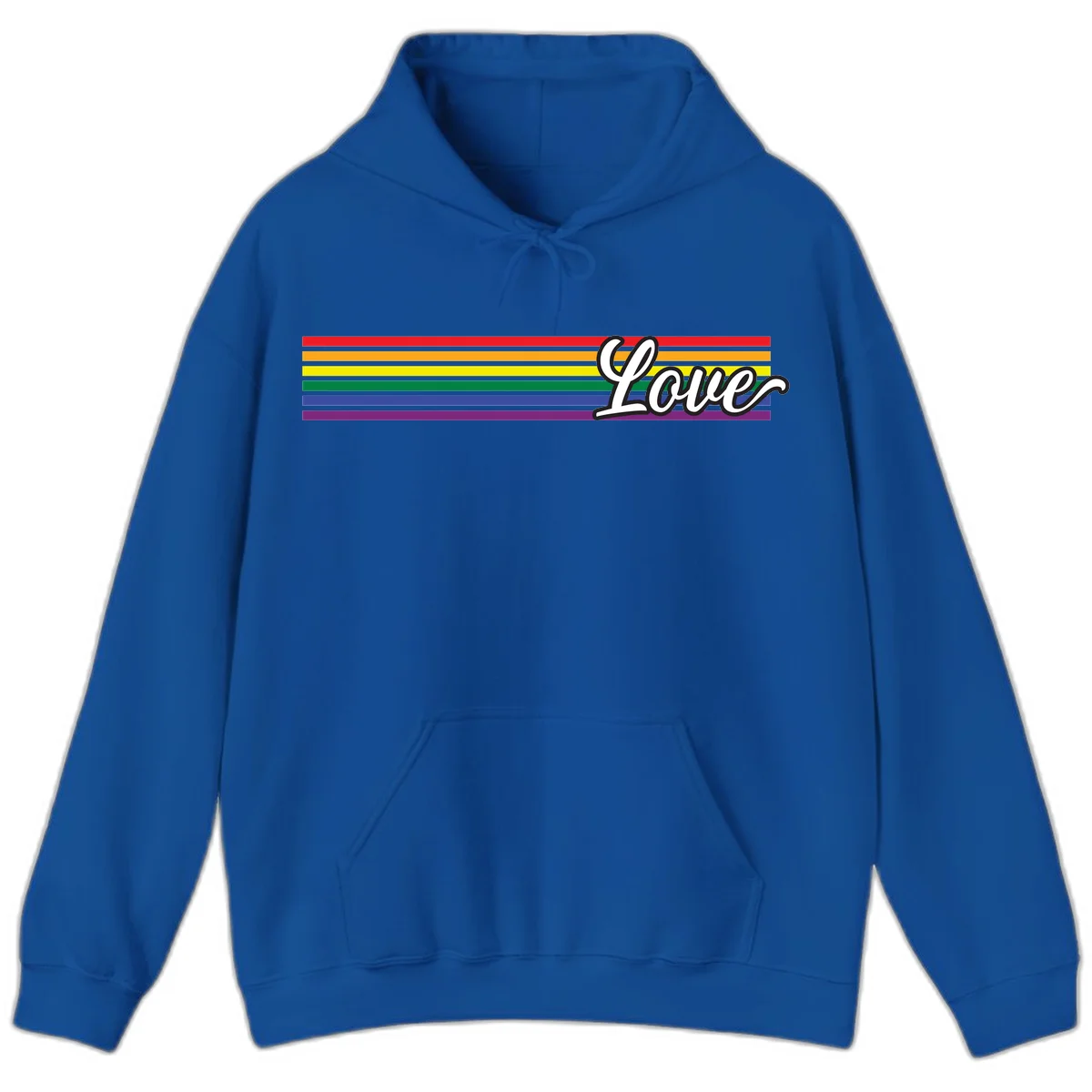 Love pride rainbow design with horizontal stripes in red, orange, yellow, green, blue, and purple with white outlined text in Royal