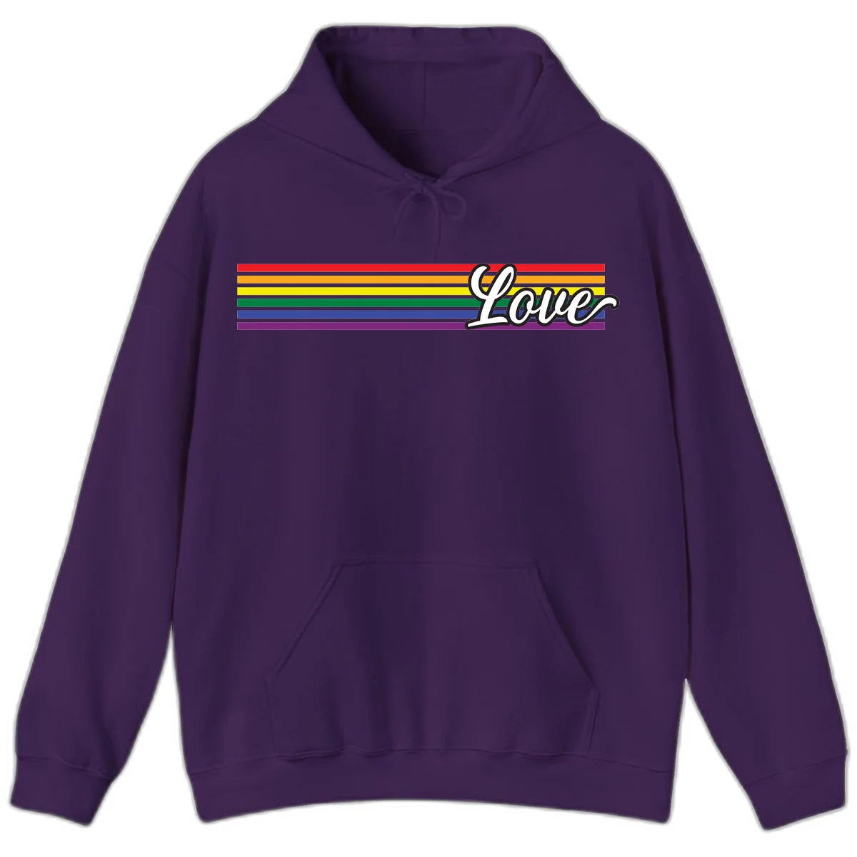 Love pride rainbow design with horizontal stripes in red, orange, yellow, green, blue, and purple with white outlined text in Purple