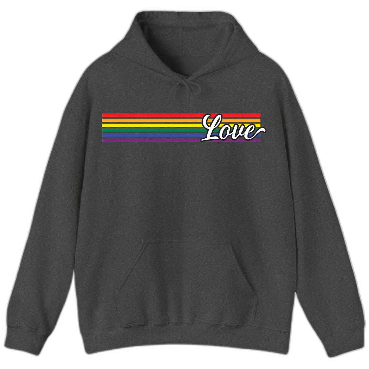 Love pride rainbow design with horizontal stripes in red, orange, yellow, green, blue, and purple with white outlined text in Dark Heather