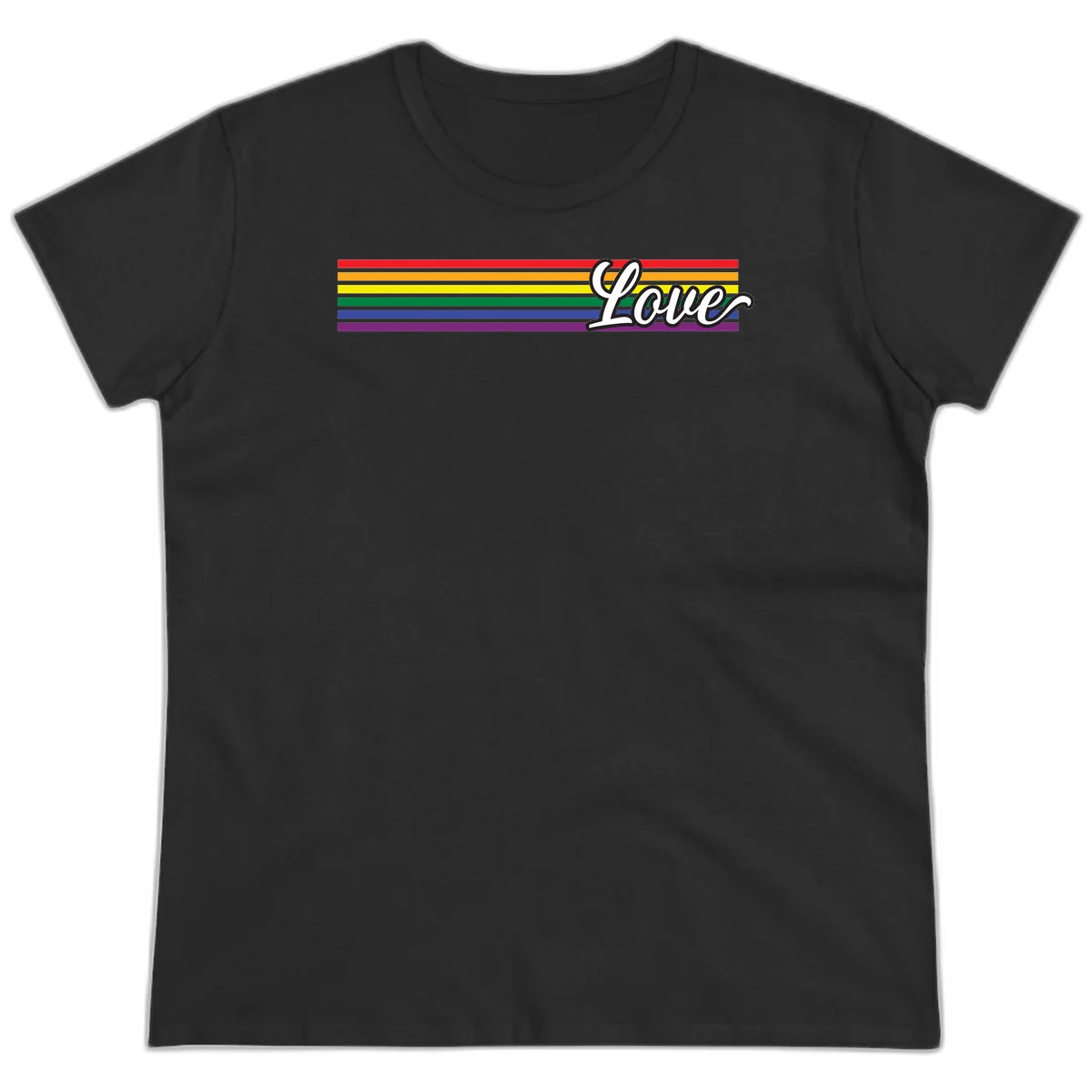 Love pride rainbow design with horizontal stripes in red, orange, yellow, green, blue, and purple with white outlined text in Black