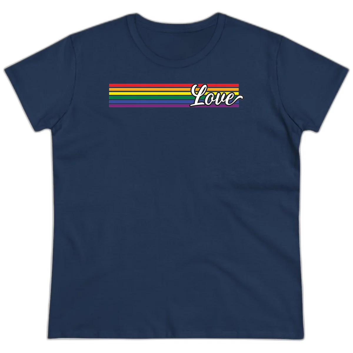 Love pride rainbow design with horizontal stripes in red, orange, yellow, green, blue, and purple with white outlined text in Navy