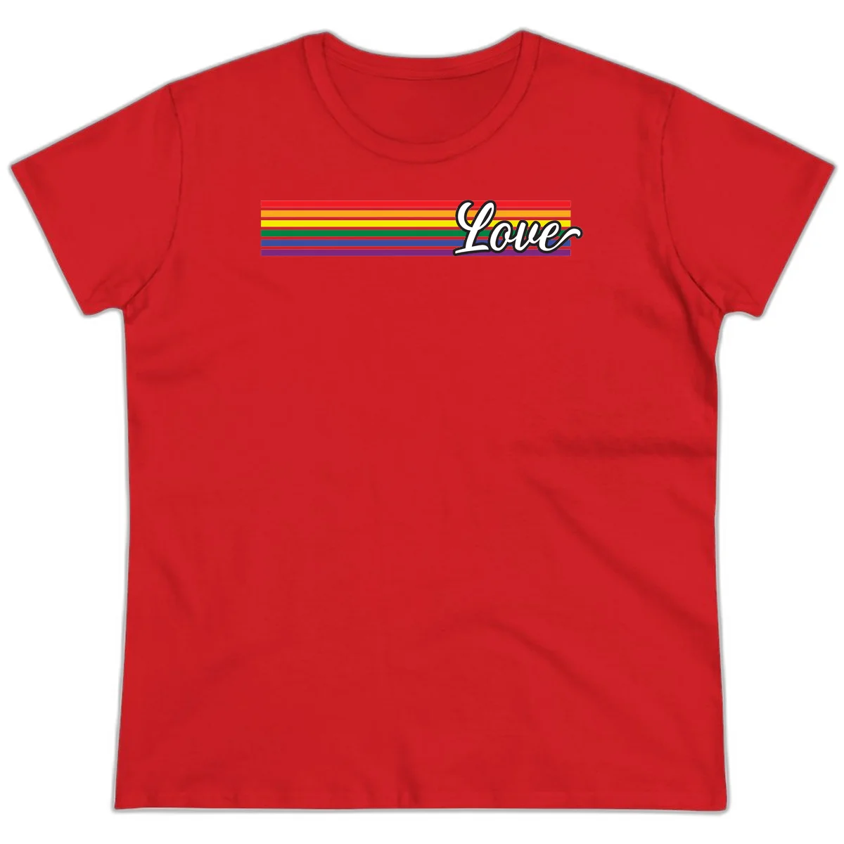 Love pride rainbow design with horizontal stripes in red, orange, yellow, green, blue, and purple with white outlined text in Red