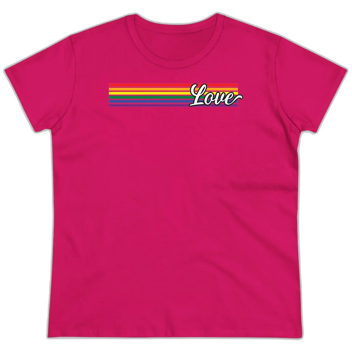 Love pride rainbow design with horizontal stripes in red, orange, yellow, green, blue, and purple with white outlined text in Heliconia