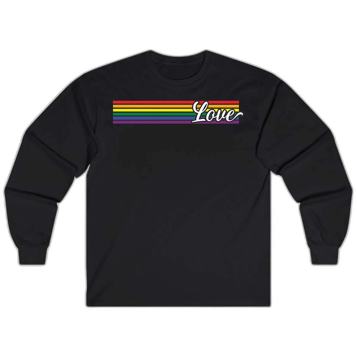 Love pride rainbow design with horizontal stripes in red, orange, yellow, green, blue, and purple with white outlined text in Black