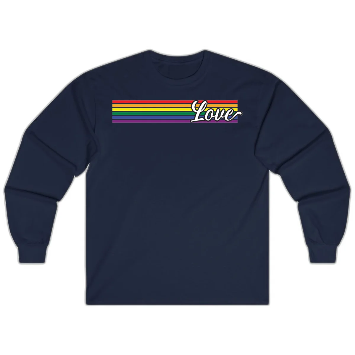 Love pride rainbow design with horizontal stripes in red, orange, yellow, green, blue, and purple with white outlined text in Navy