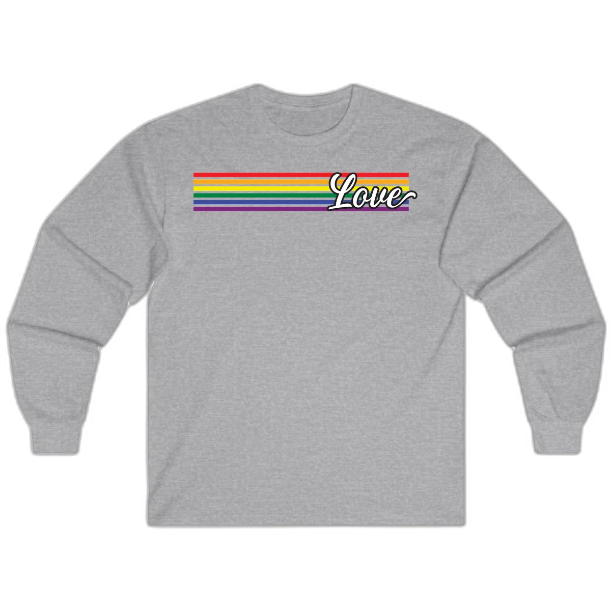 Love pride rainbow design with horizontal stripes in red, orange, yellow, green, blue, and purple with white outlined text in Sport Grey