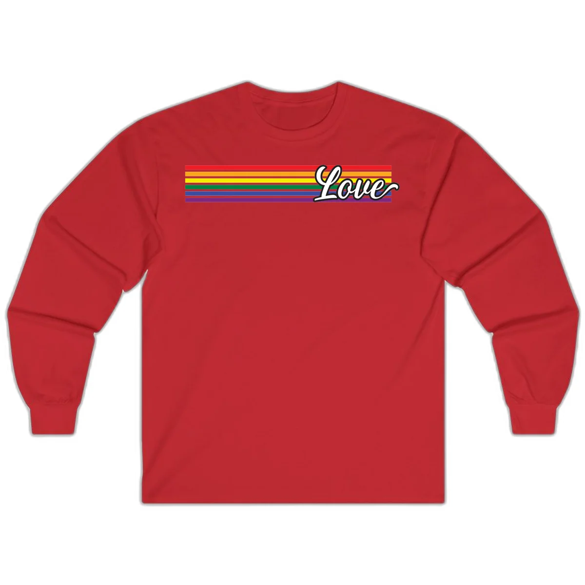 Love pride rainbow design with horizontal stripes in red, orange, yellow, green, blue, and purple with white outlined text in Red