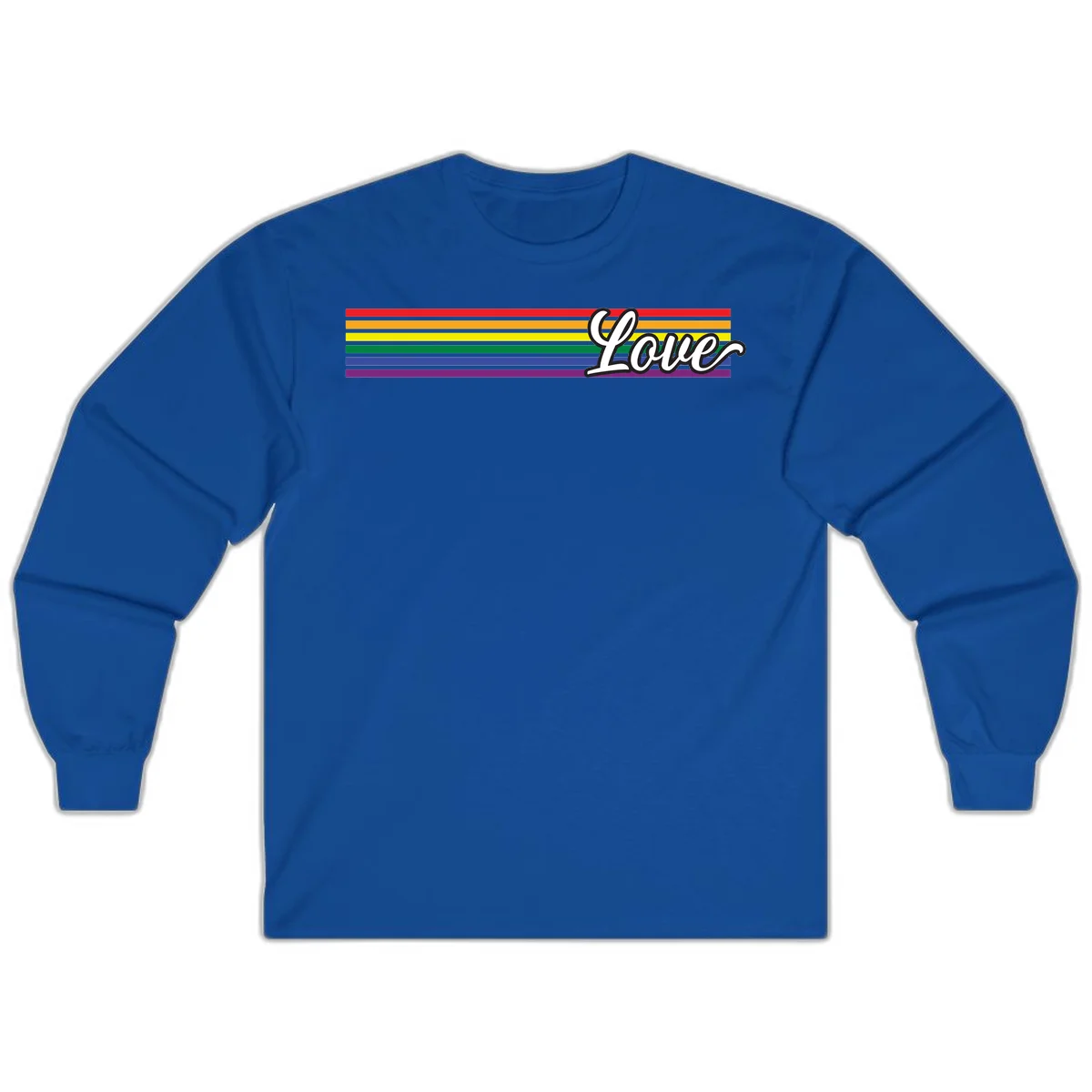 Love pride rainbow design with horizontal stripes in red, orange, yellow, green, blue, and purple with white outlined text in Royal
