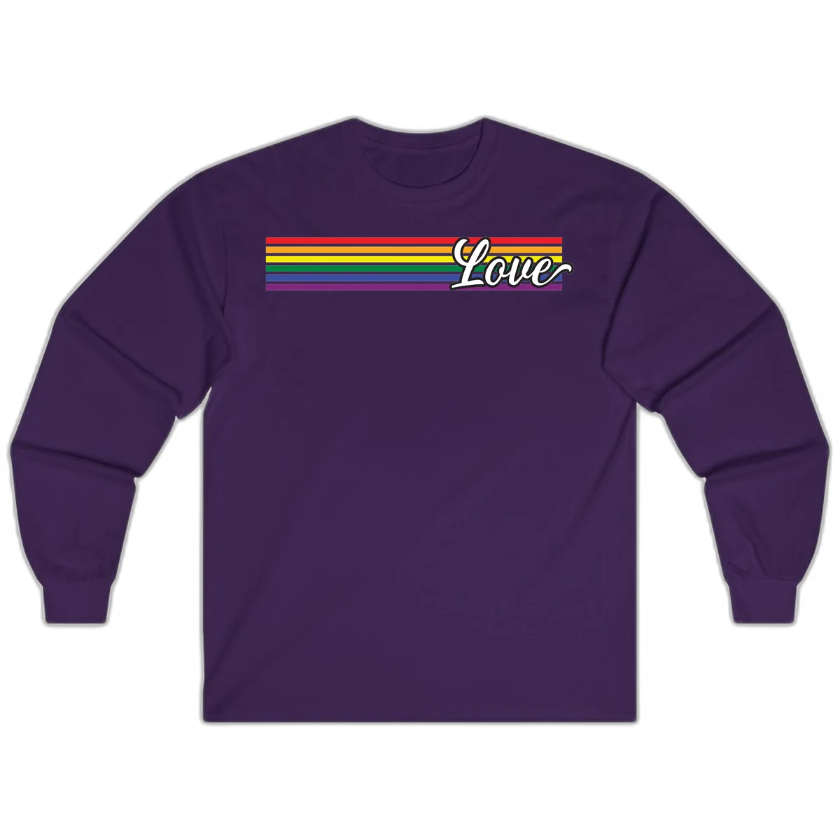 Love pride rainbow design with horizontal stripes in red, orange, yellow, green, blue, and purple with white outlined text in Purple