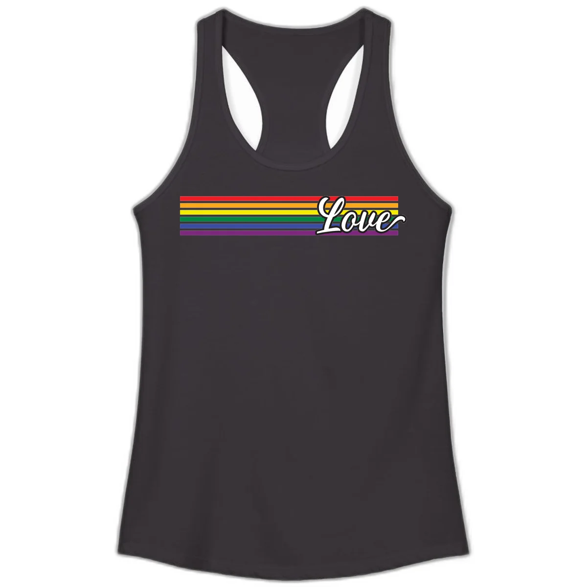 Love pride rainbow design with horizontal stripes in red, orange, yellow, green, blue, and purple with white outlined text in Black