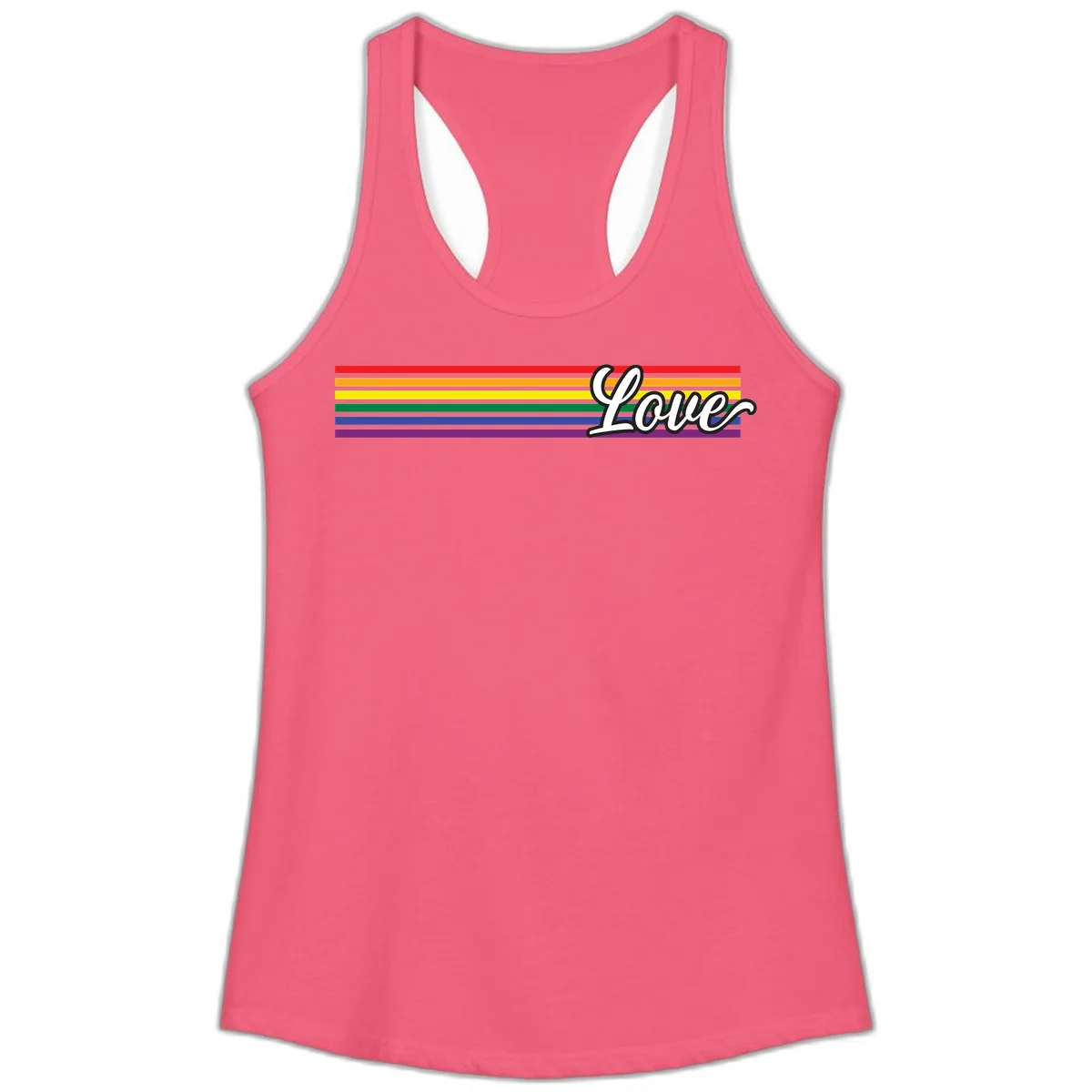 Love pride rainbow design with horizontal stripes in red, orange, yellow, green, blue, and purple with white outlined text in Hot Pink