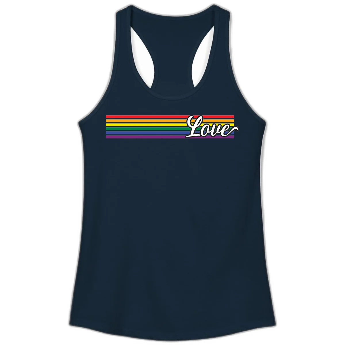 Love pride rainbow design with horizontal stripes in red, orange, yellow, green, blue, and purple with white outlined text in Solid Midnight Navy