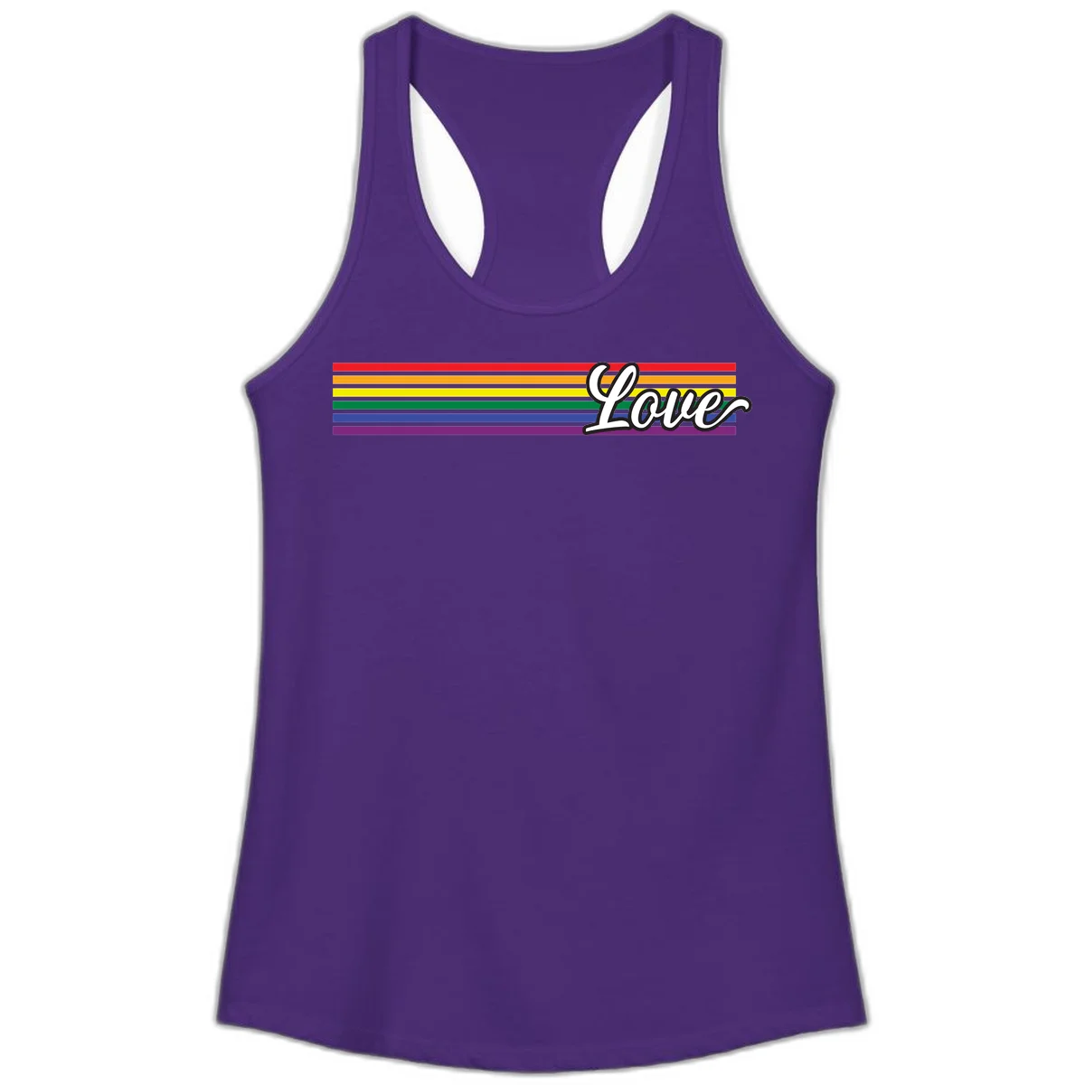 Love pride rainbow design with horizontal stripes in red, orange, yellow, green, blue, and purple with white outlined text in Solid Purple Rush