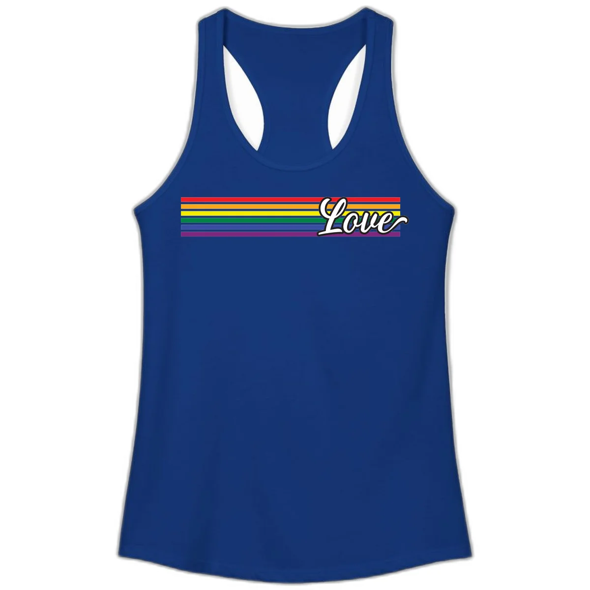 Love pride rainbow design with horizontal stripes in red, orange, yellow, green, blue, and purple with white outlined text in Solid Royal
