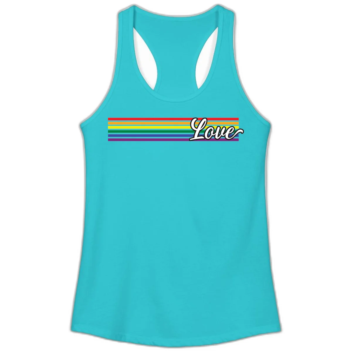 Love pride rainbow design with horizontal stripes in red, orange, yellow, green, blue, and purple with white outlined text in Solid Tahiti Blue