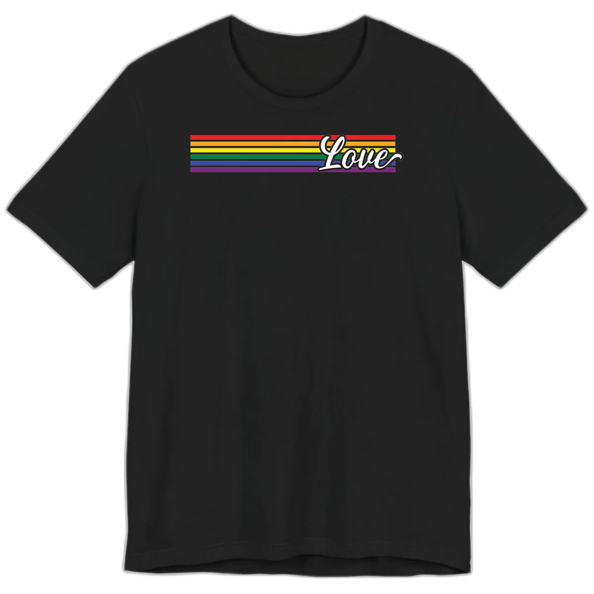 Love pride rainbow design with horizontal stripes in red, orange, yellow, green, blue, and purple with white outlined text in Black
