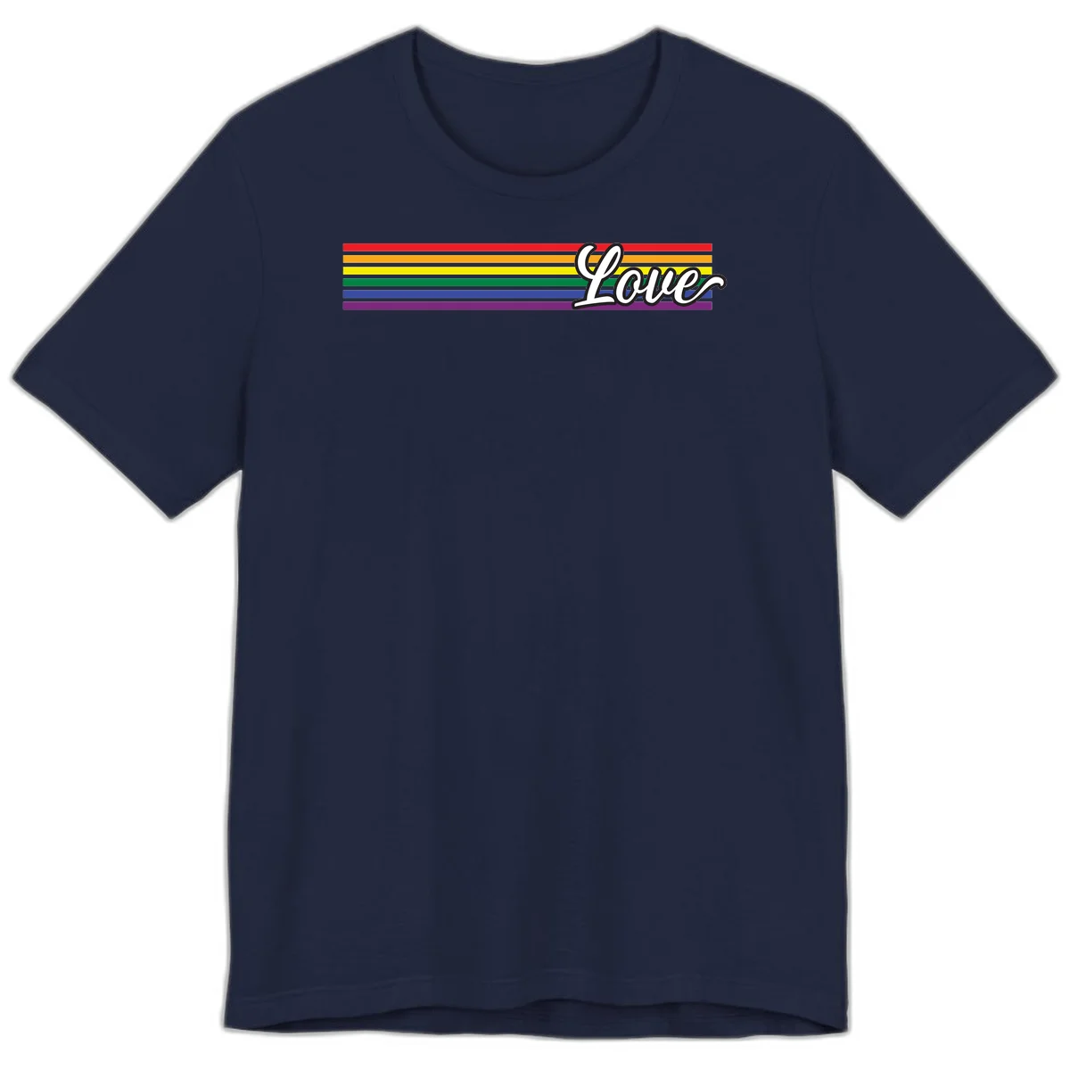 Love pride rainbow design with horizontal stripes in red, orange, yellow, green, blue, and purple with white outlined text in Navy