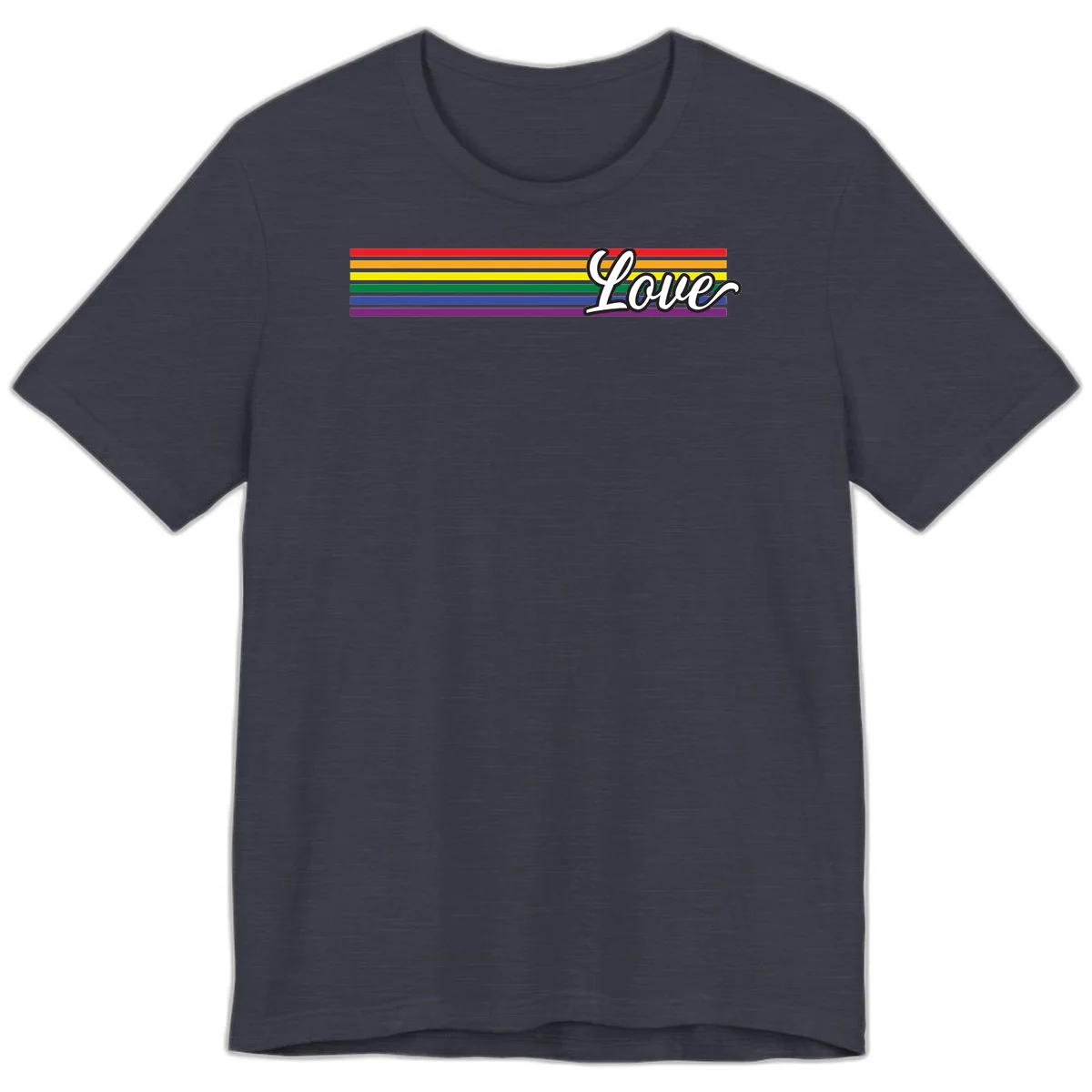 Love pride rainbow design with horizontal stripes in red, orange, yellow, green, blue, and purple with white outlined text in Heather Midnight Navy