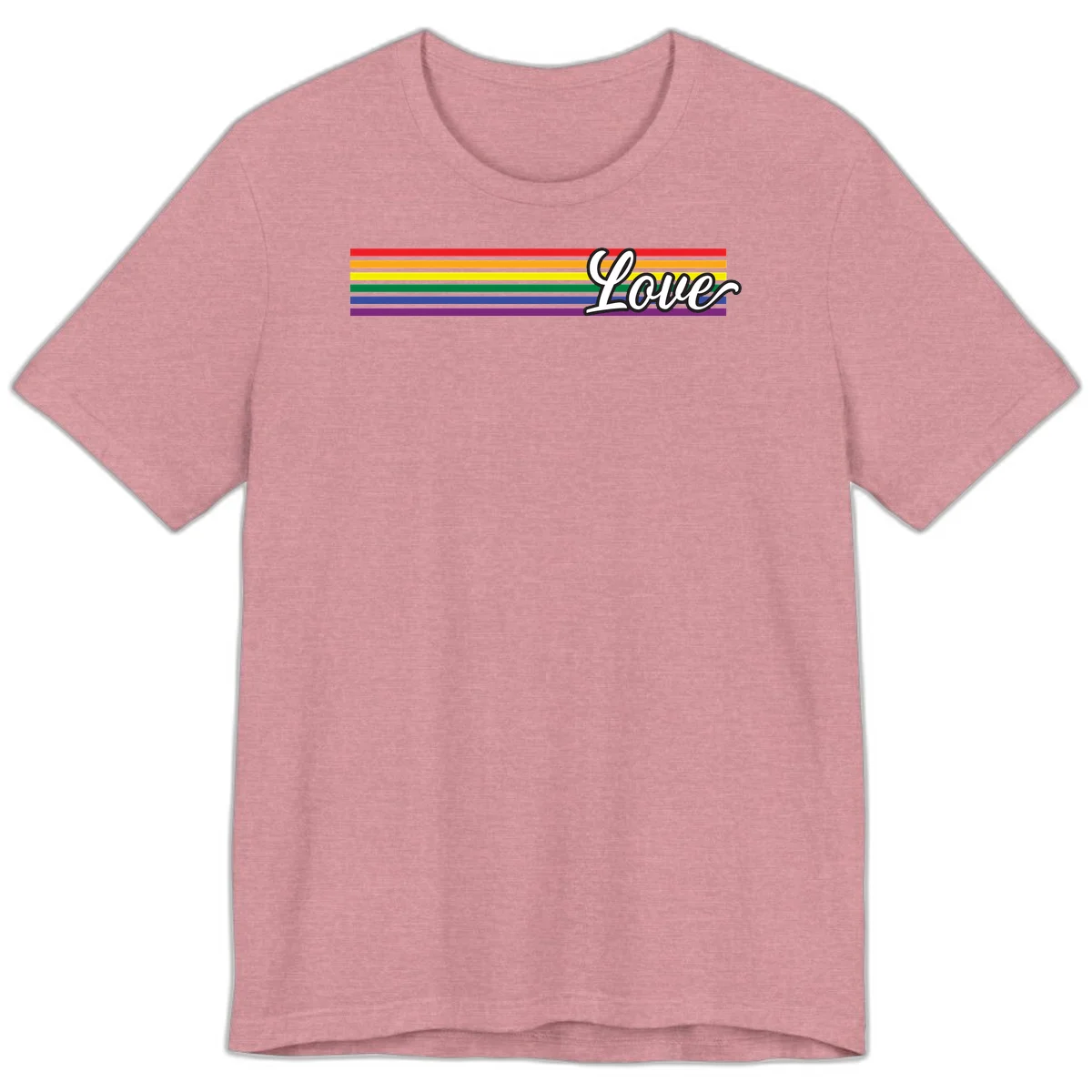 Love pride rainbow design with horizontal stripes in red, orange, yellow, green, blue, and purple with white outlined text in Heather Orchid