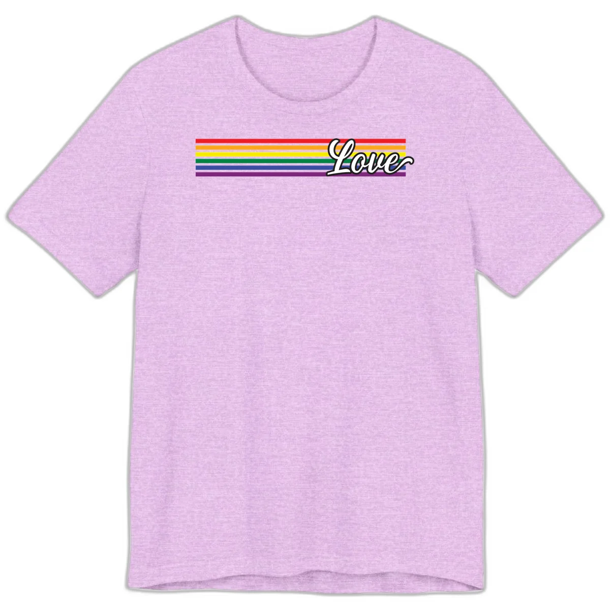 Love pride rainbow design with horizontal stripes in red, orange, yellow, green, blue, and purple with white outlined text in Heather Prism Lilac