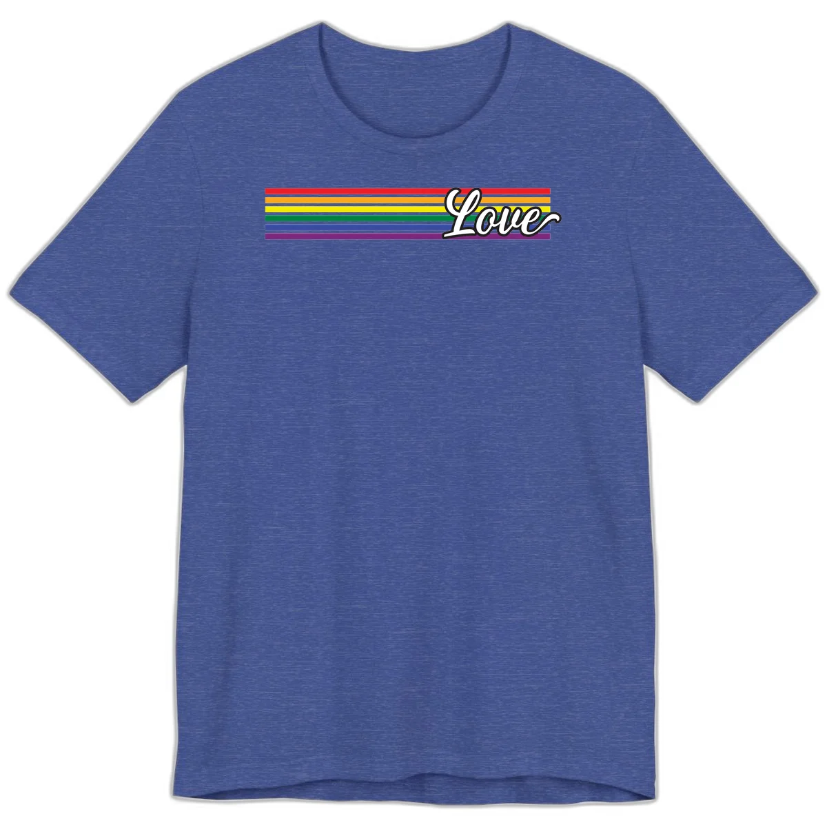 Love pride rainbow design with horizontal stripes in red, orange, yellow, green, blue, and purple with white outlined text in Heather True Royal