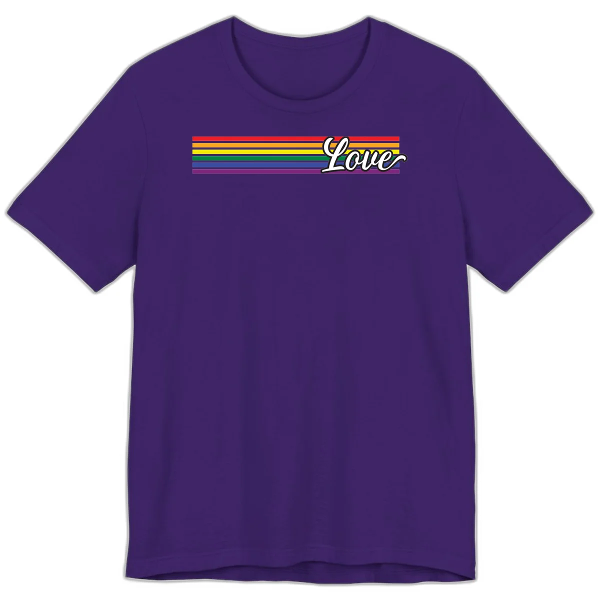 Love pride rainbow design with horizontal stripes in red, orange, yellow, green, blue, and purple with white outlined text in Team Purple