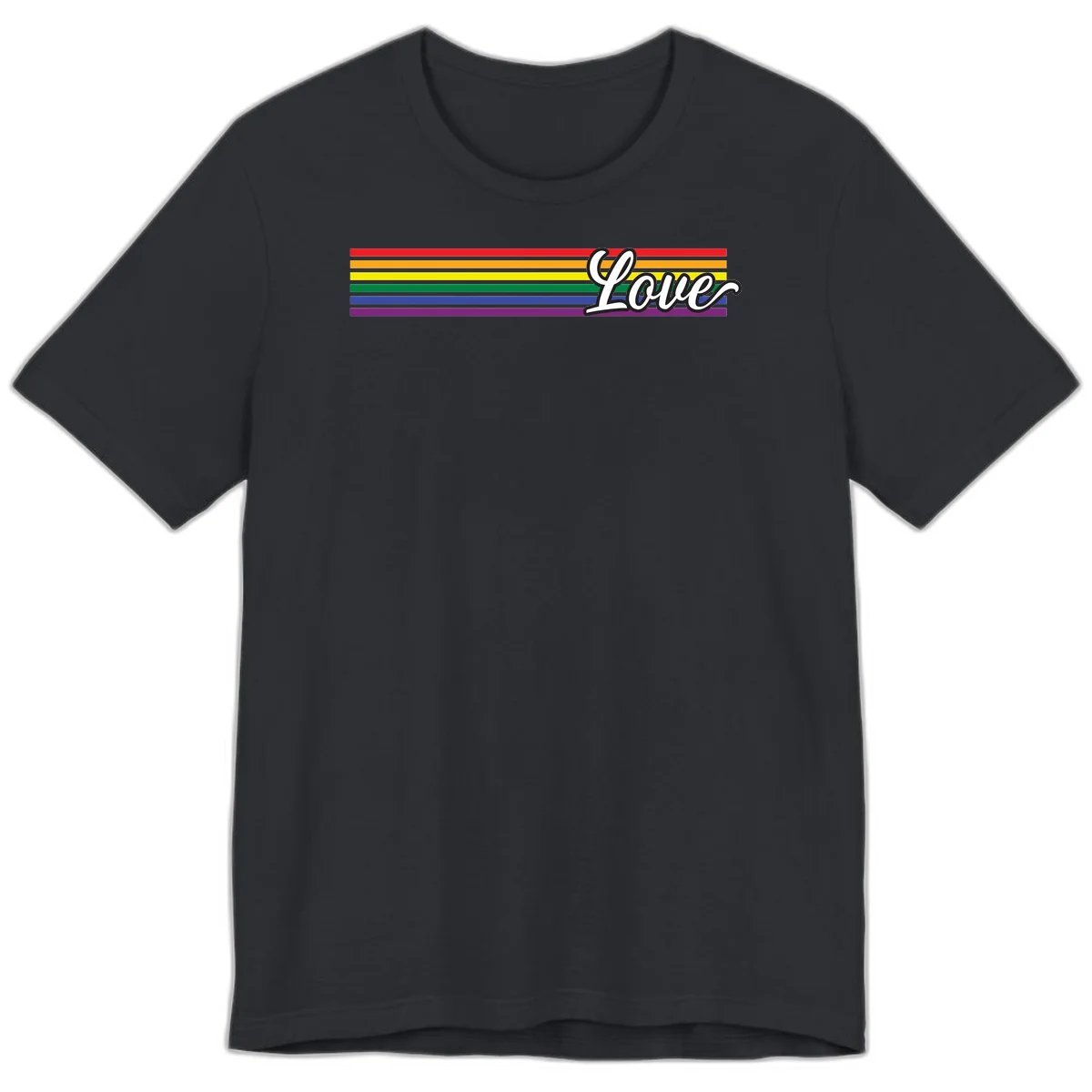 Love pride rainbow design with horizontal stripes in red, orange, yellow, green, blue, and purple with white outlined text in Vintage Black