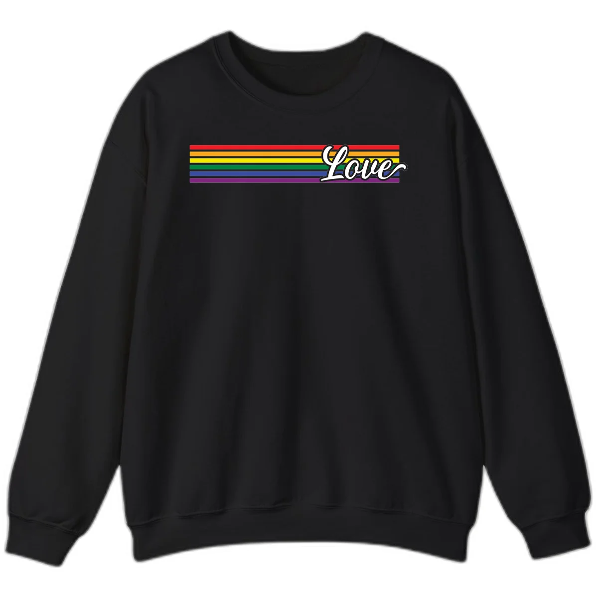 Love pride rainbow design with horizontal stripes in red, orange, yellow, green, blue, and purple with white outlined text in Black