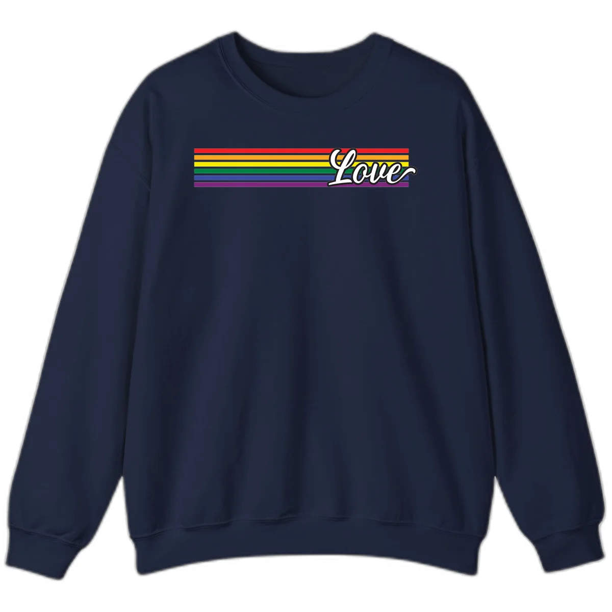 Love pride rainbow design with horizontal stripes in red, orange, yellow, green, blue, and purple with white outlined text in Navy
