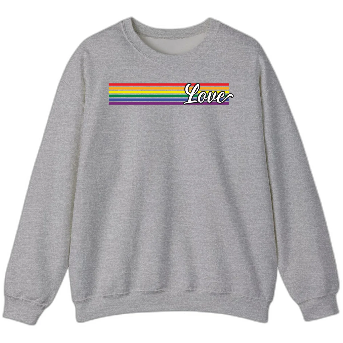 Love pride rainbow design with horizontal stripes in red, orange, yellow, green, blue, and purple with white outlined text in Sport Grey