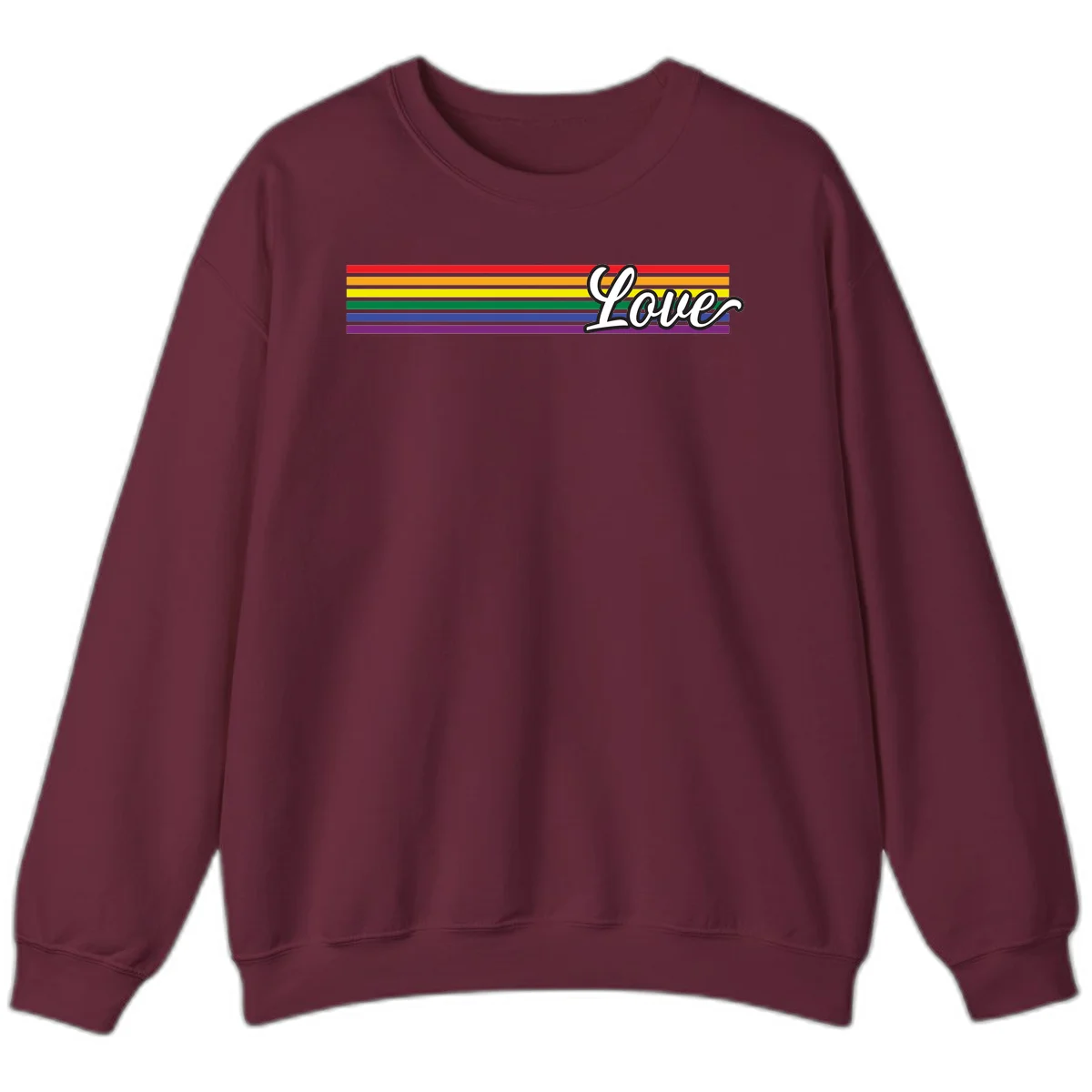 Love pride rainbow design with horizontal stripes in red, orange, yellow, green, blue, and purple with white outlined text in Maroon