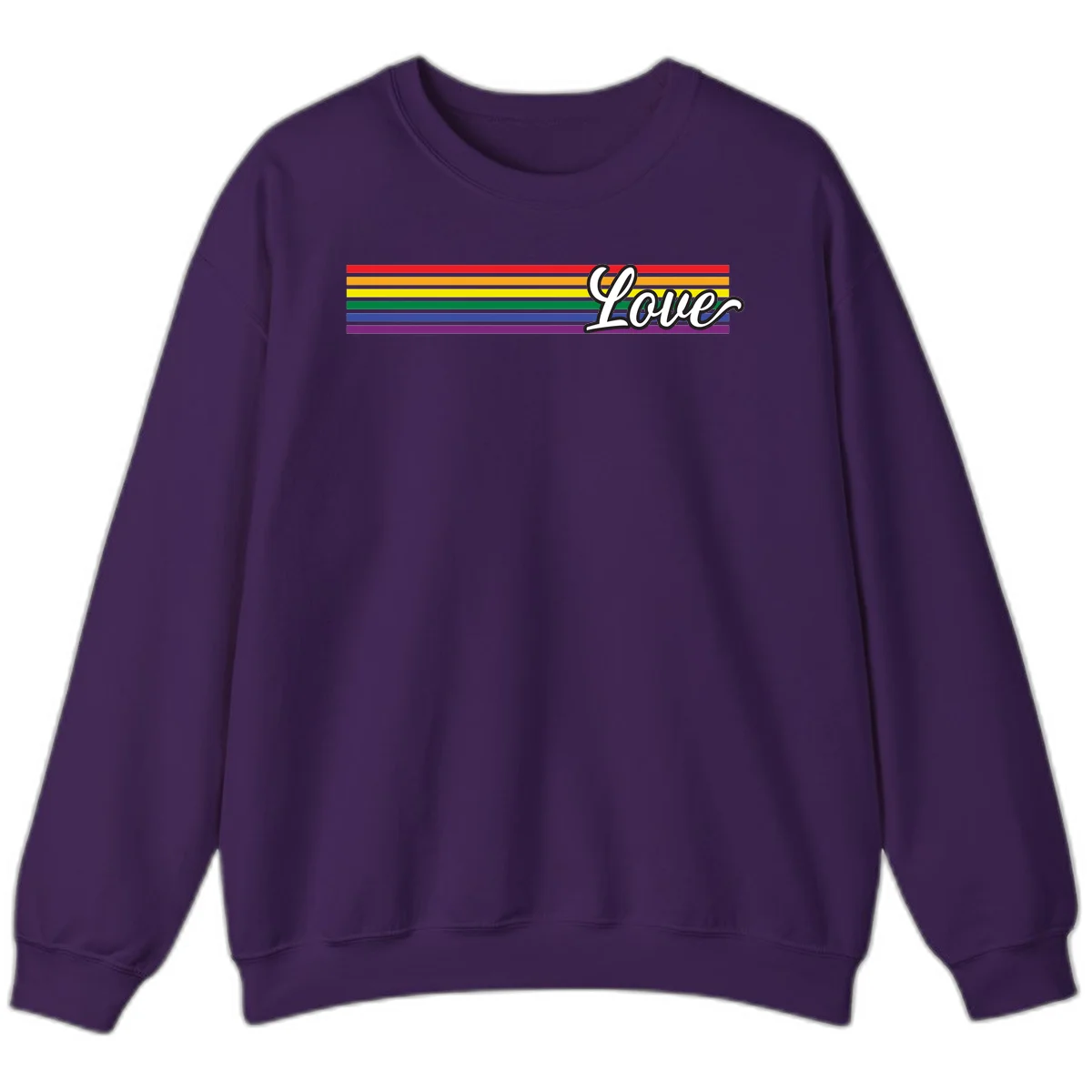 Love pride rainbow design with horizontal stripes in red, orange, yellow, green, blue, and purple with white outlined text in Purple