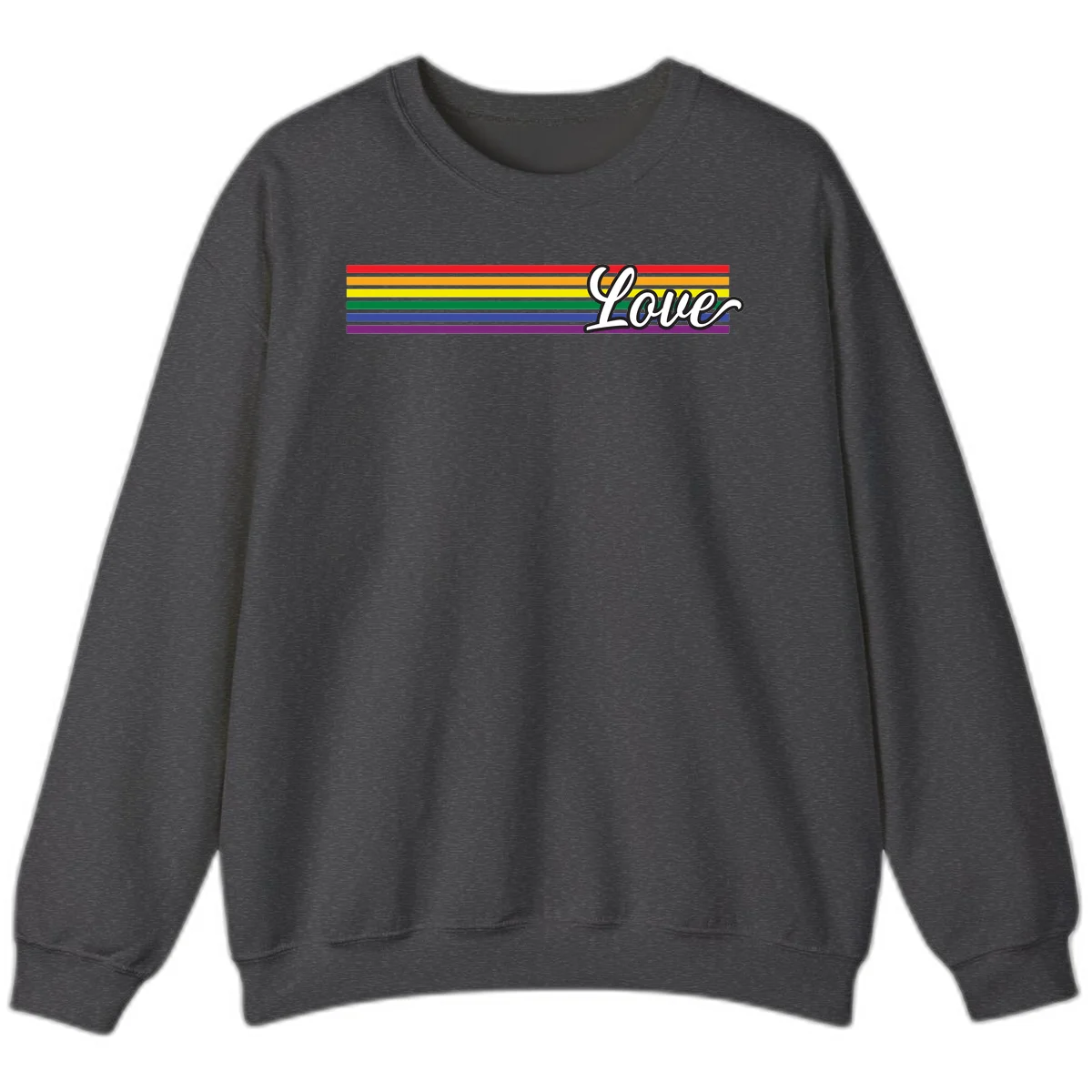 Love pride rainbow design with horizontal stripes in red, orange, yellow, green, blue, and purple with white outlined text in Dark Heather