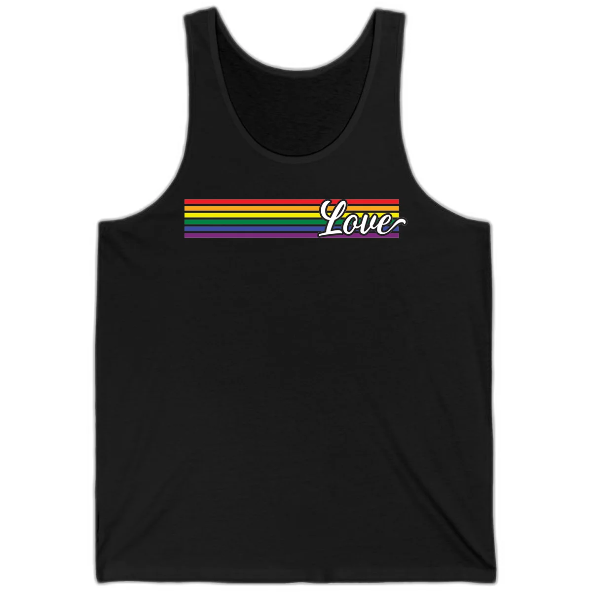 Love pride rainbow design with horizontal stripes in red, orange, yellow, green, blue, and purple with white outlined text in Black