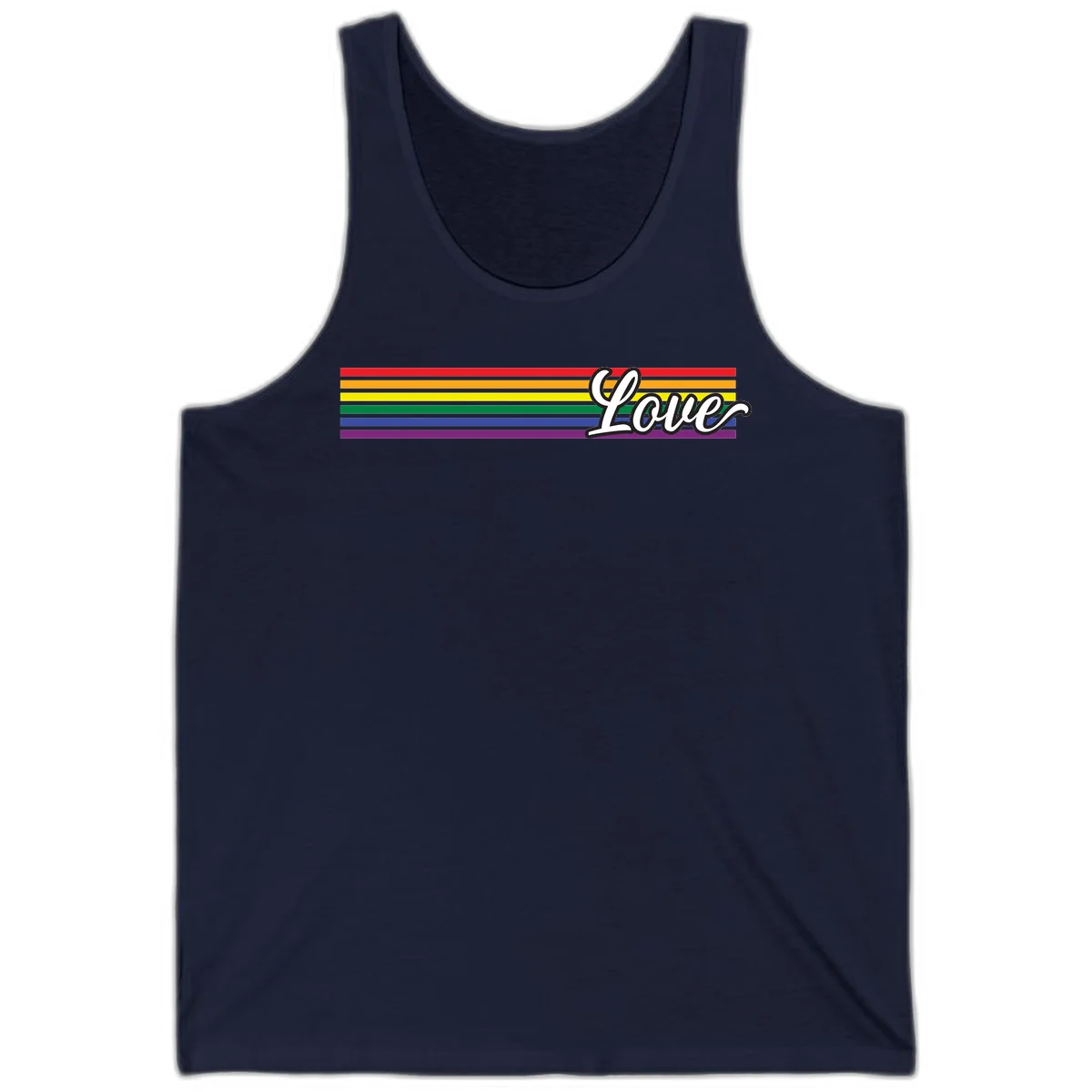 Love pride rainbow design with horizontal stripes in red, orange, yellow, green, blue, and purple with white outlined text in Navy