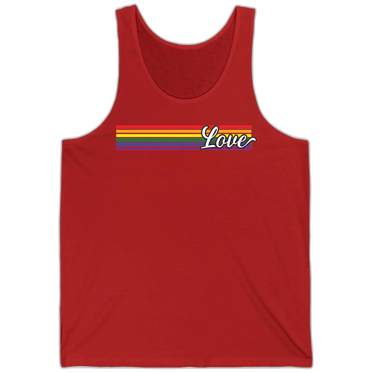 Love pride rainbow design with horizontal stripes in red, orange, yellow, green, blue, and purple with white outlined text in Red