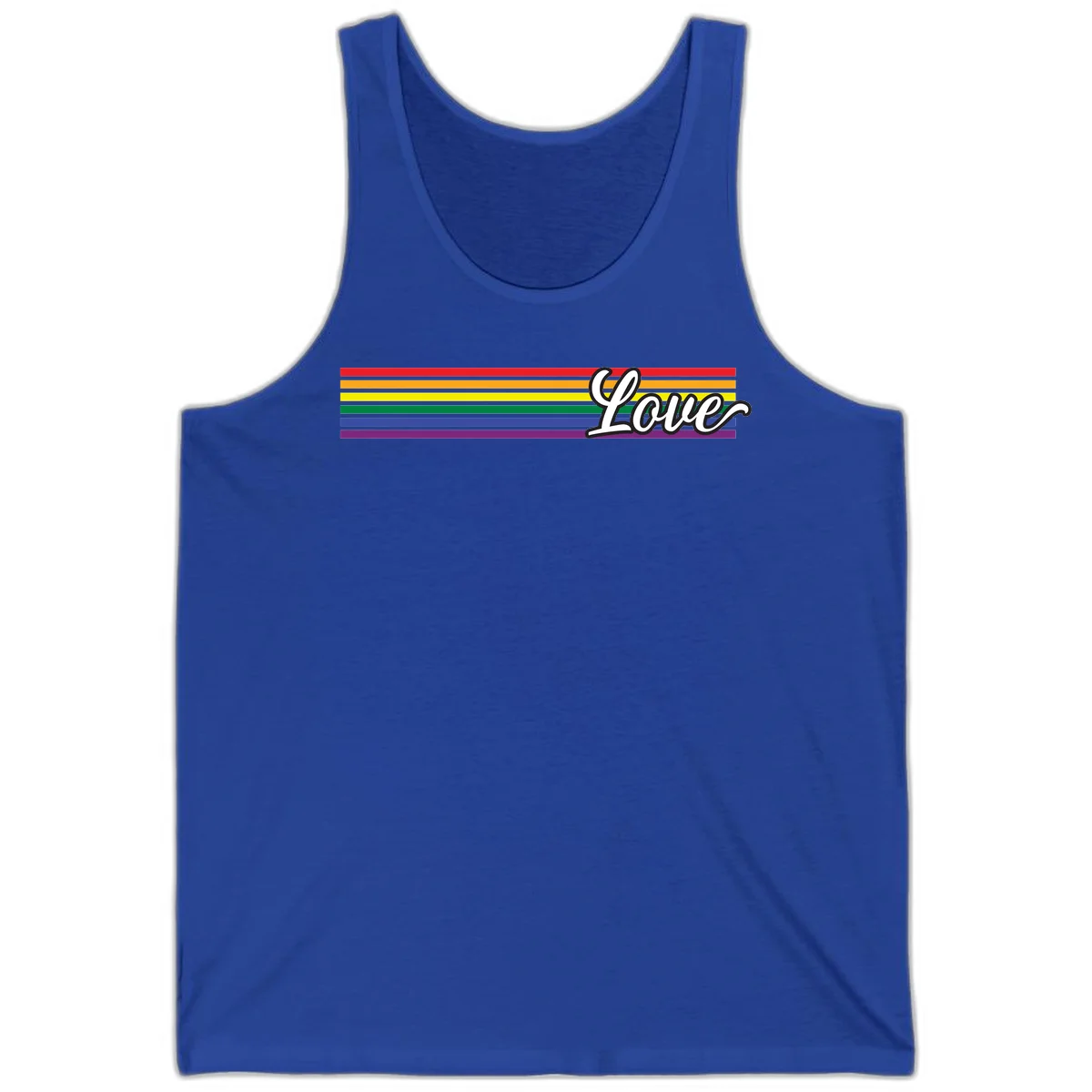 Love pride rainbow design with horizontal stripes in red, orange, yellow, green, blue, and purple with white outlined text in True Royal